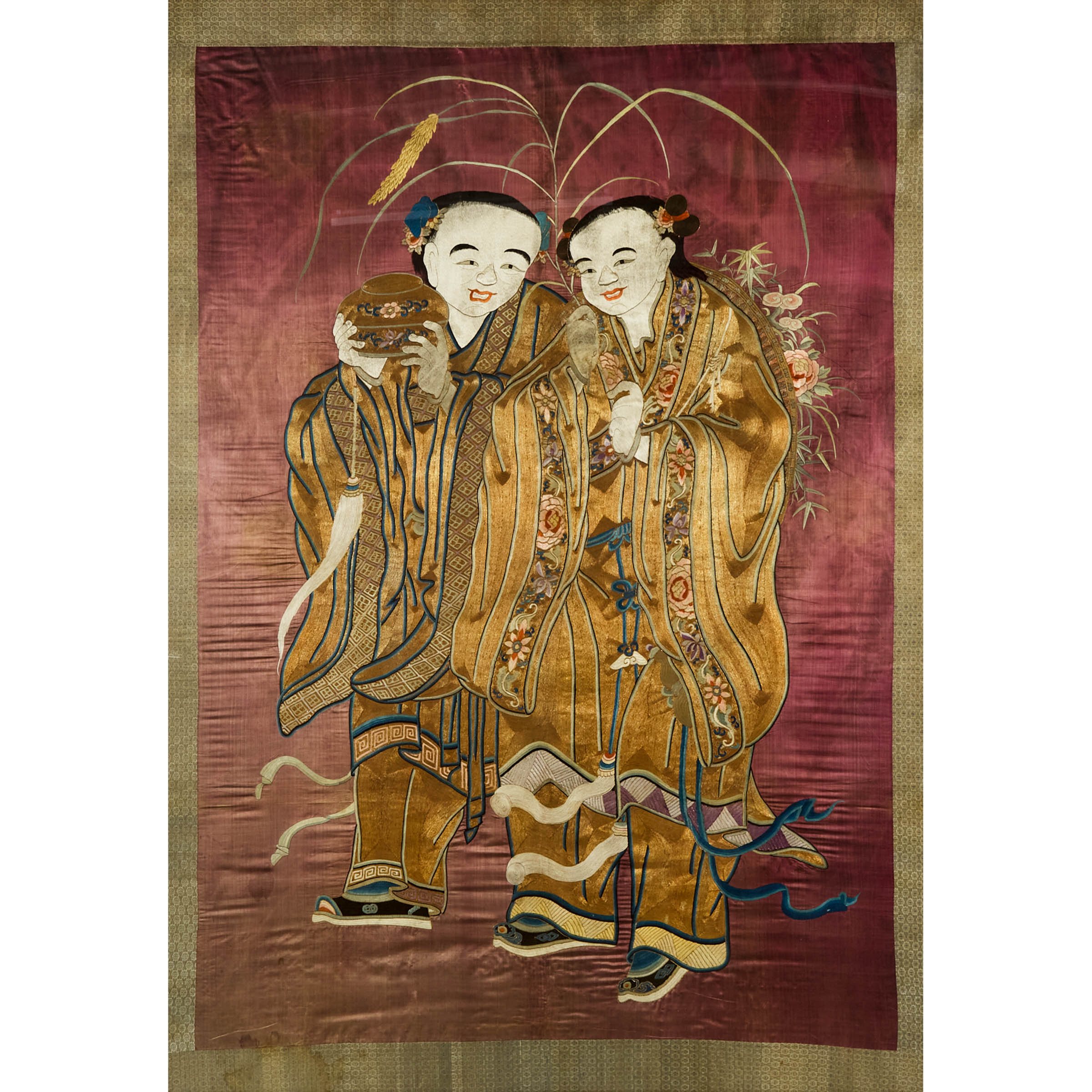 A Massive Gold-Thread Embroidered Silk Hanging Depicting the Hehe Erxian Twins, Early 19th Century