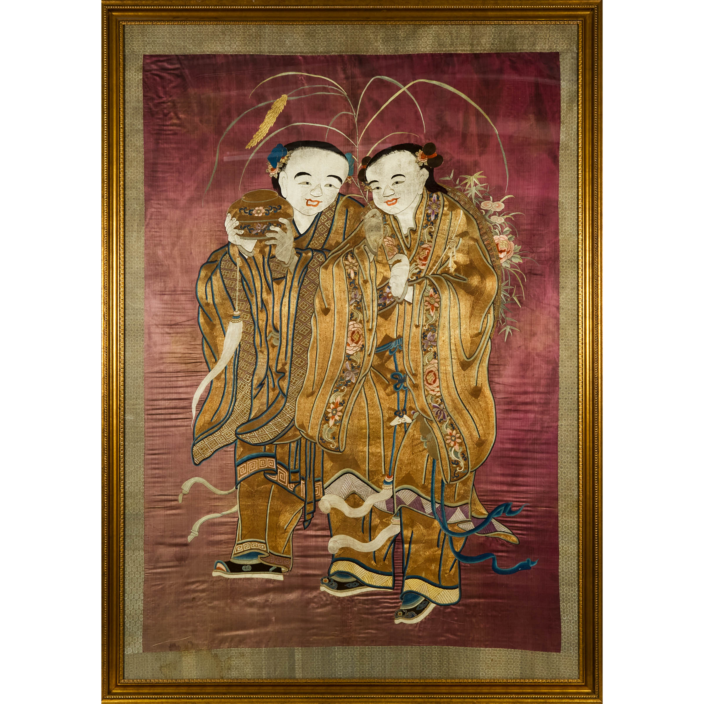 A Massive Gold-Thread Embroidered Silk Hanging Depicting the Hehe Erxian Twins, Early 19th Century