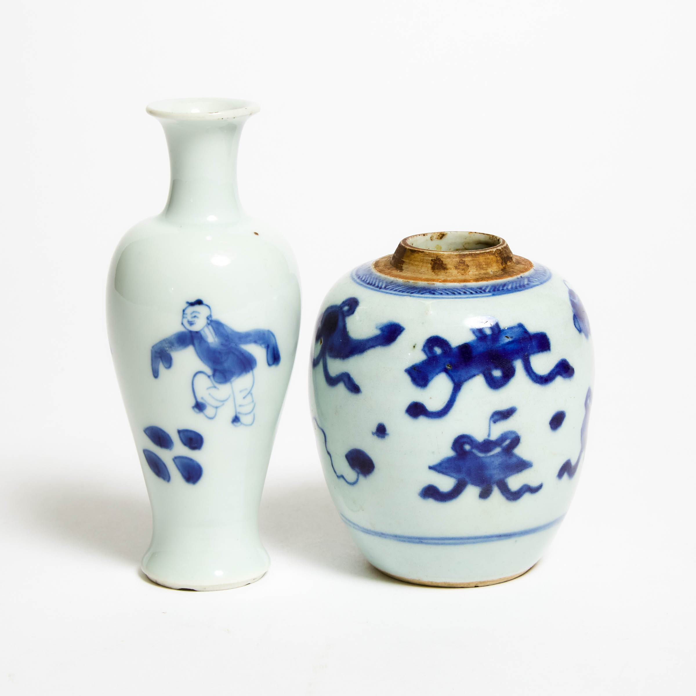 A Miniature Blue and White 'Boys' Vase, Together With a 'Hundred Antiques' Jar, Kangxi Period (1662-1722)