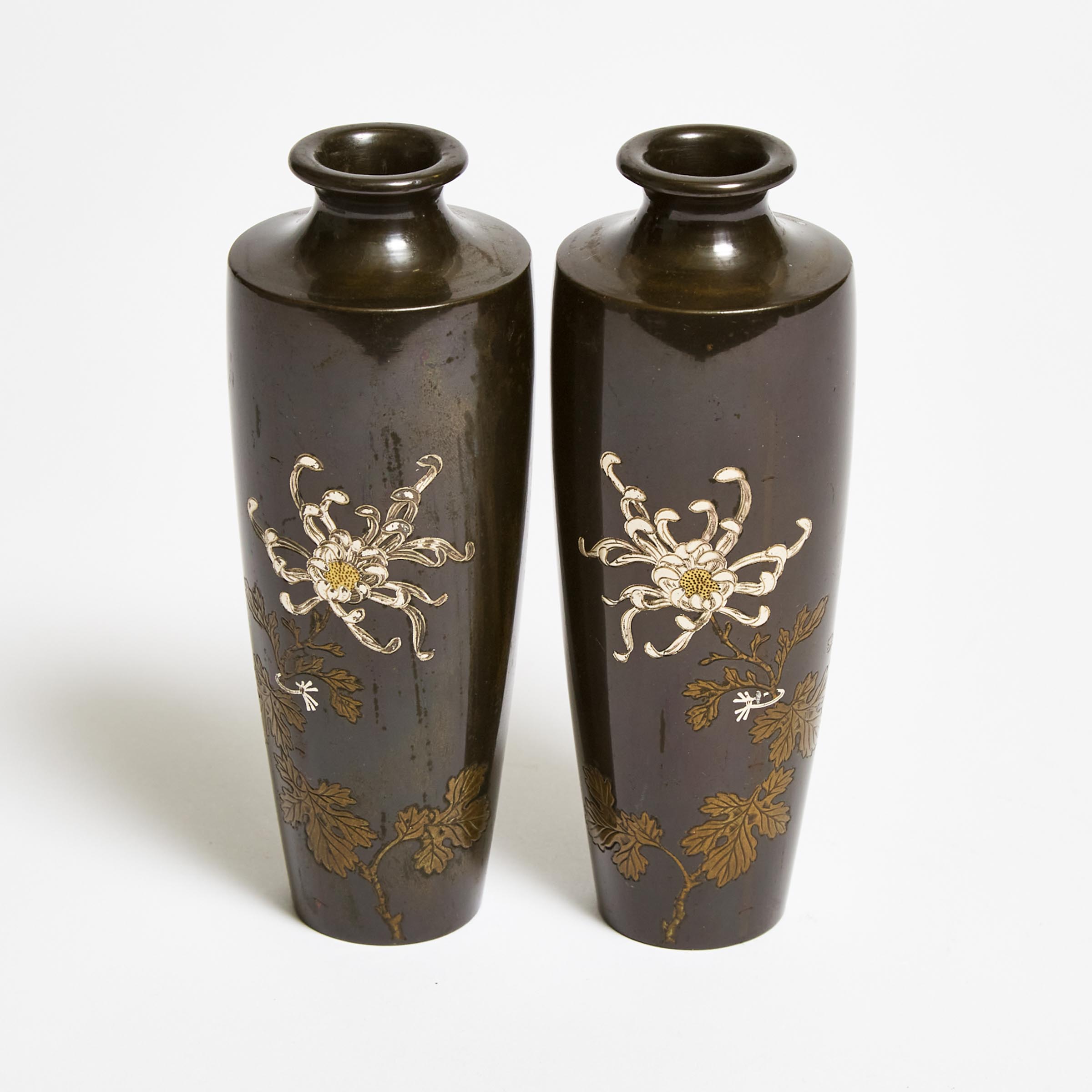 A Pair of Japanese Mixed-Metal Inlaid Bronze Vases, Meiji Period (1868-1912)