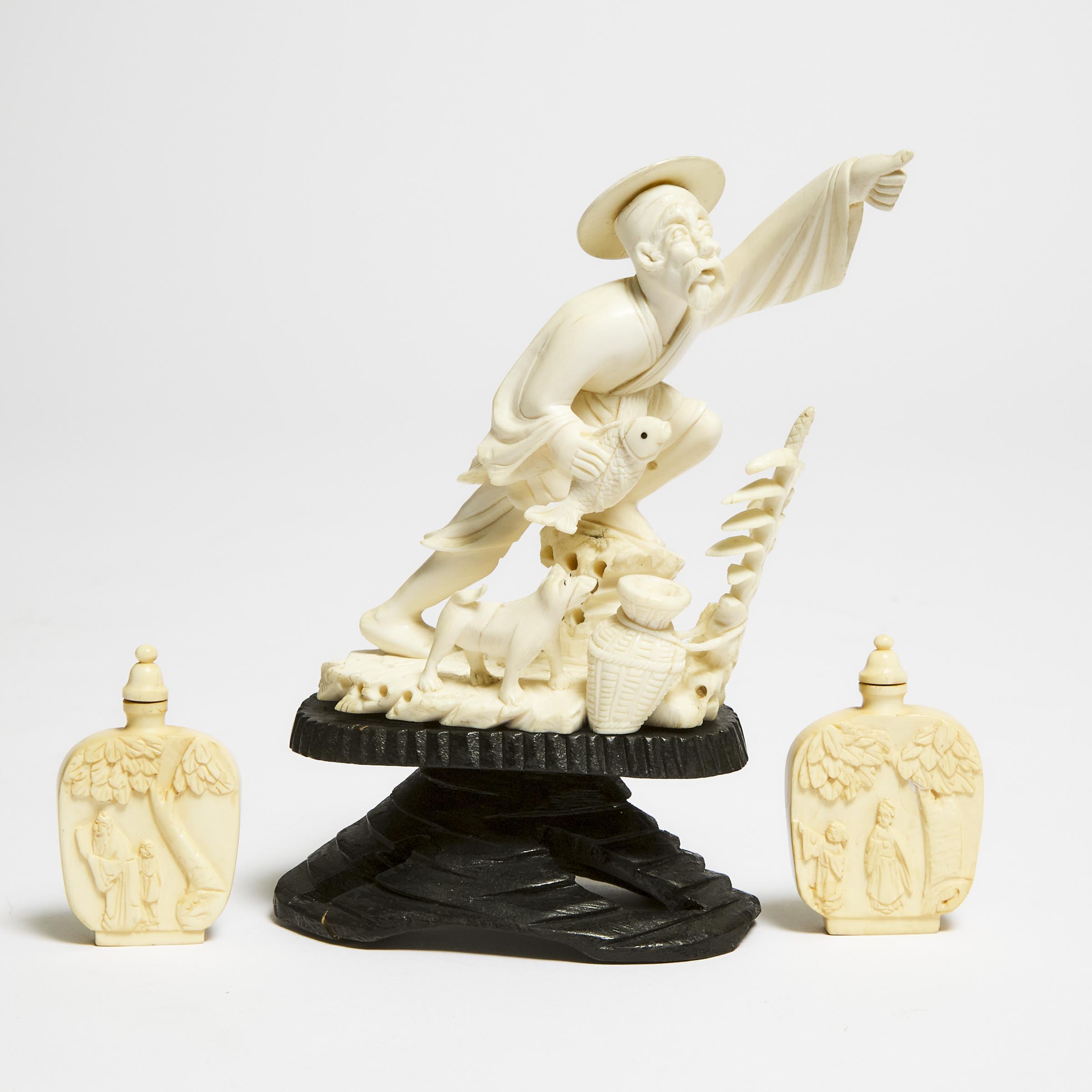 An Ivory Figure of a Fisherman, Together With Two Ivory Snuff Bottles, Mid 20th Century