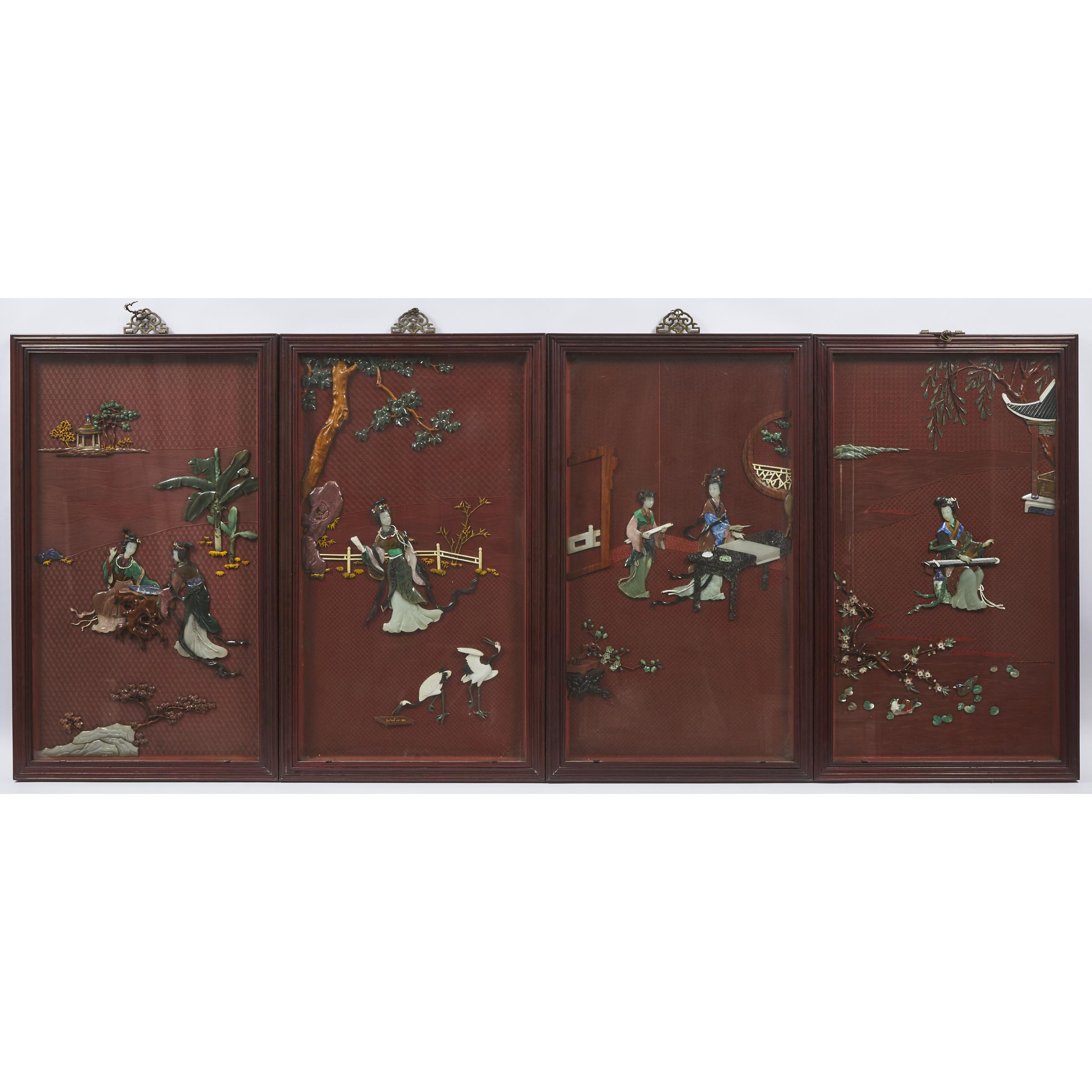 A Set of Four Jade-Inlaid Cinnabar Lacquer-Ground 'Four Noble Pursuits' Panels, Republican Period (1912-1949)