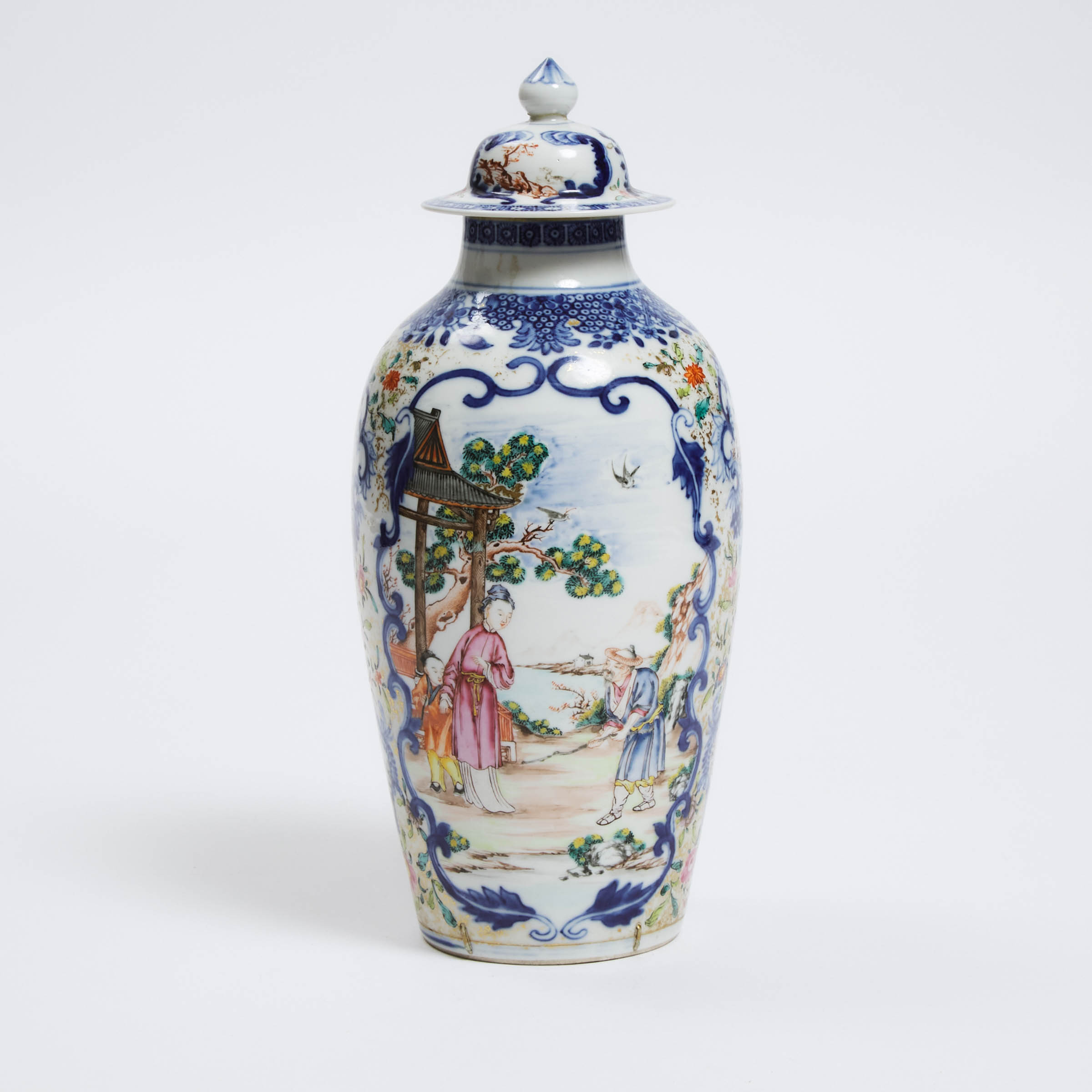 A Chinese Export Famille Rose Blue and White 'Figural' Vase and Cover, Qianlong Period, Circa 1870