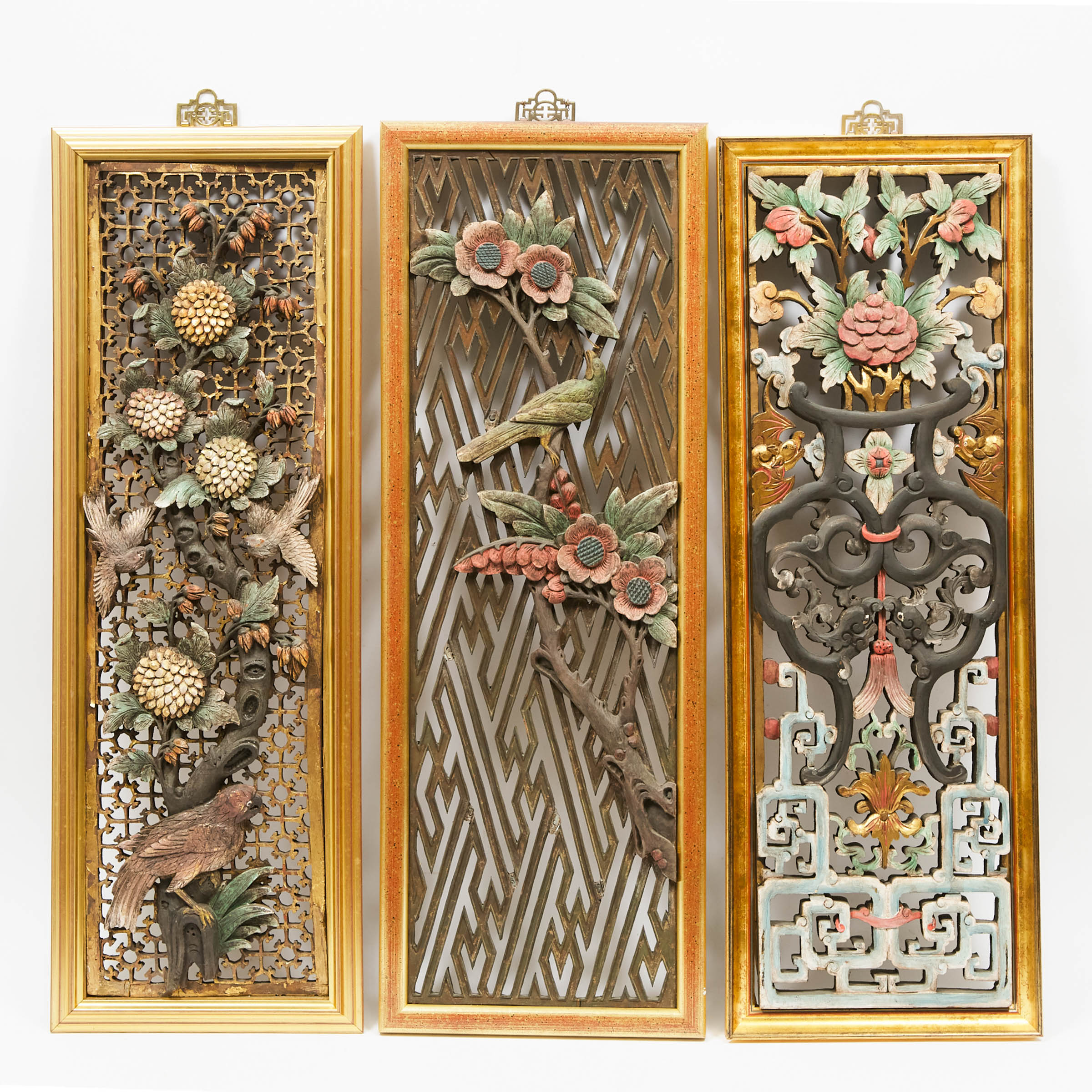 Three Gilt Polychrome Openwork 'Floral' Wood Panels, Qing Dynasty, 19th Century