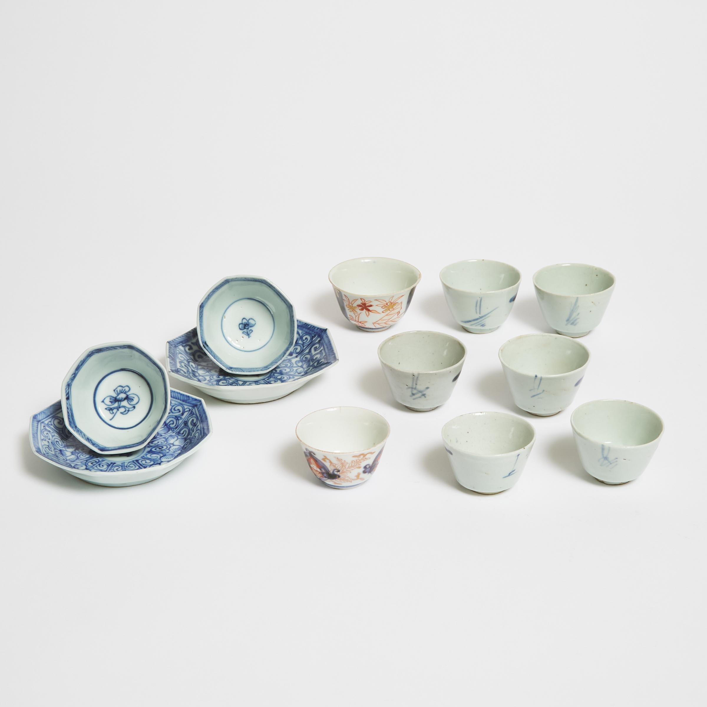 Two Sets of Blue and White Cups and Saucers, Together With Six Cups and Two Chinese Imari Cups, Kangxi Period (1662-1722)