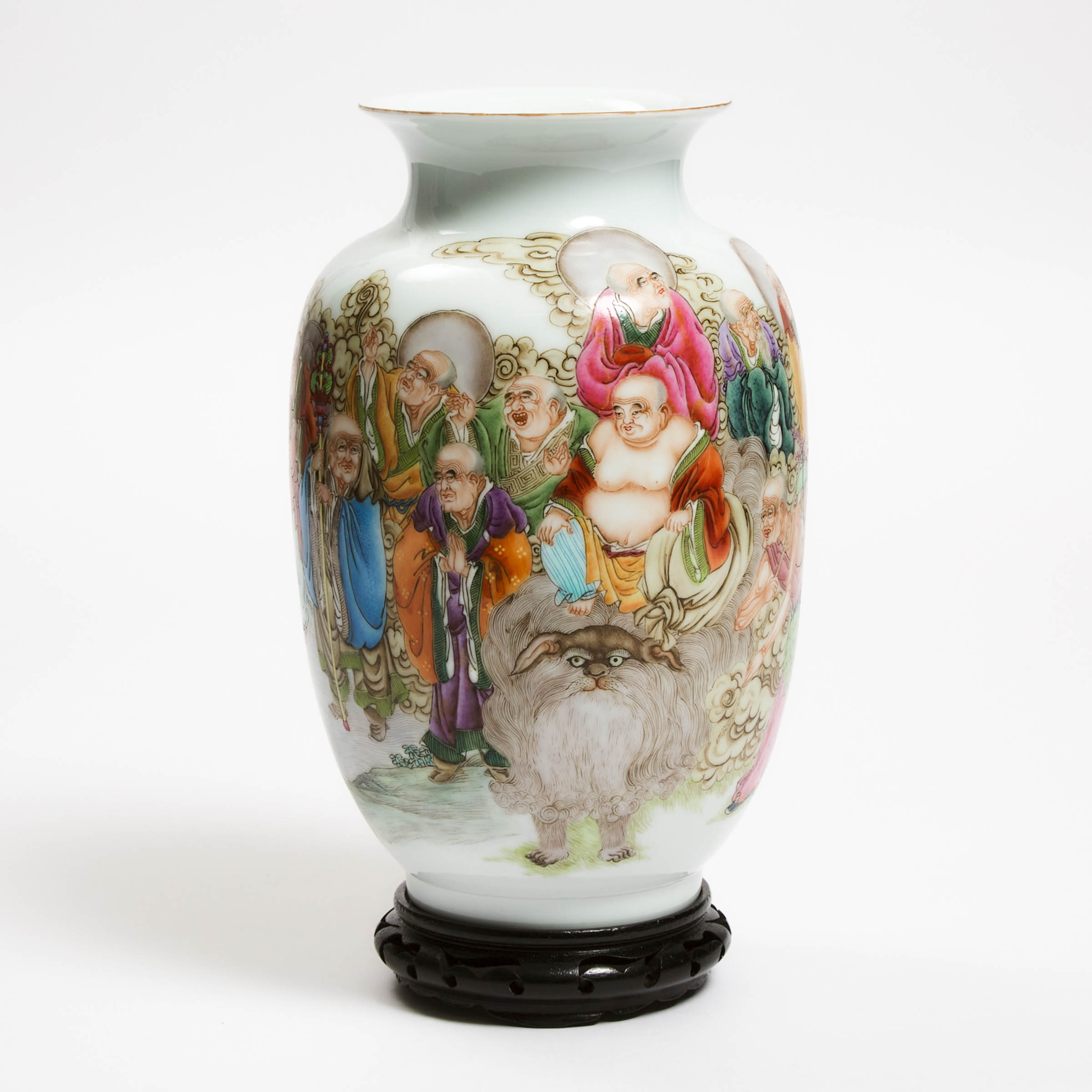 A Famille Rose 'Eighteen Luohan' Vase, Jurentang Mark, Republican Period (1912-1949)