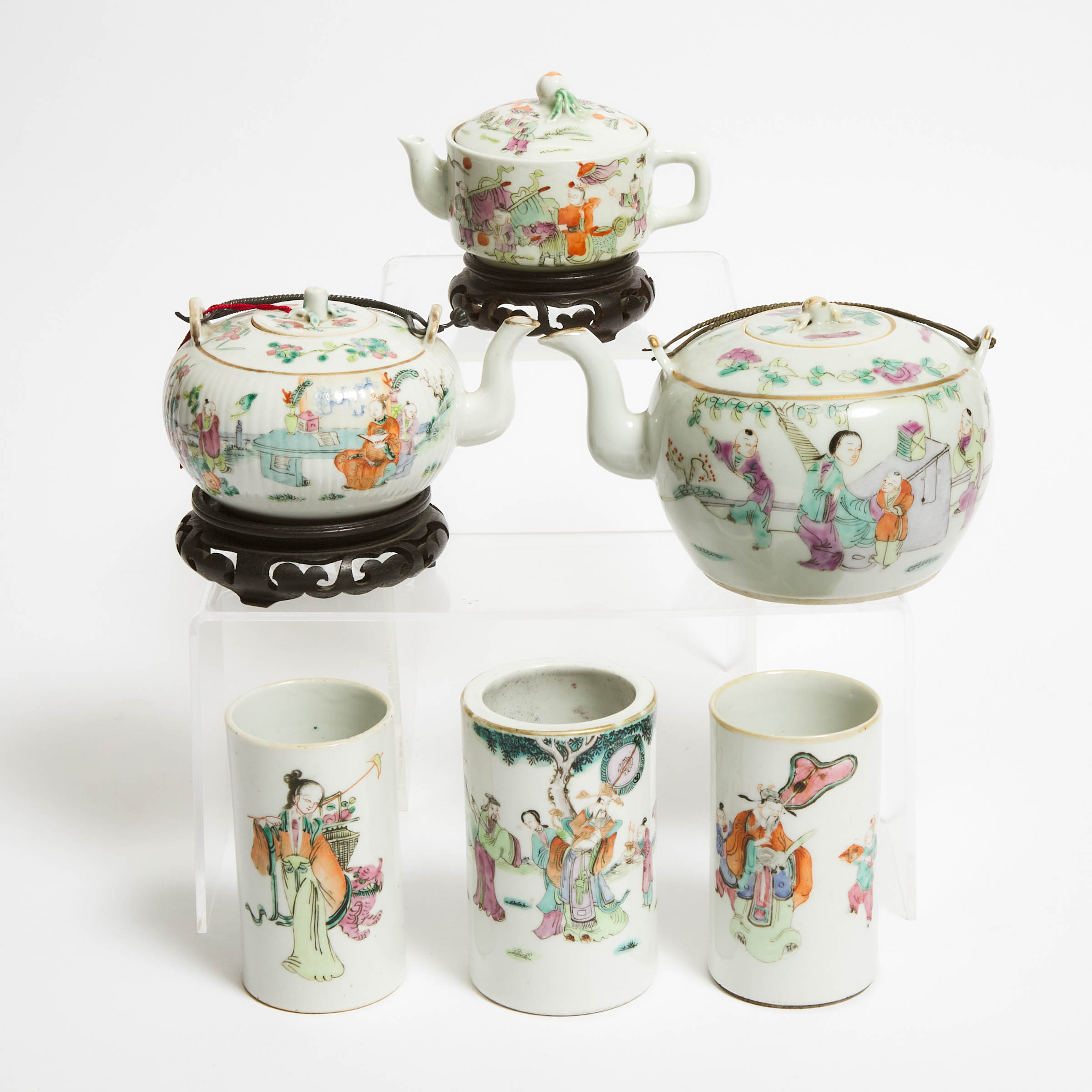 A Group of Six Famille Rose Teapots and Brush Pots, Late Qing Dynasty