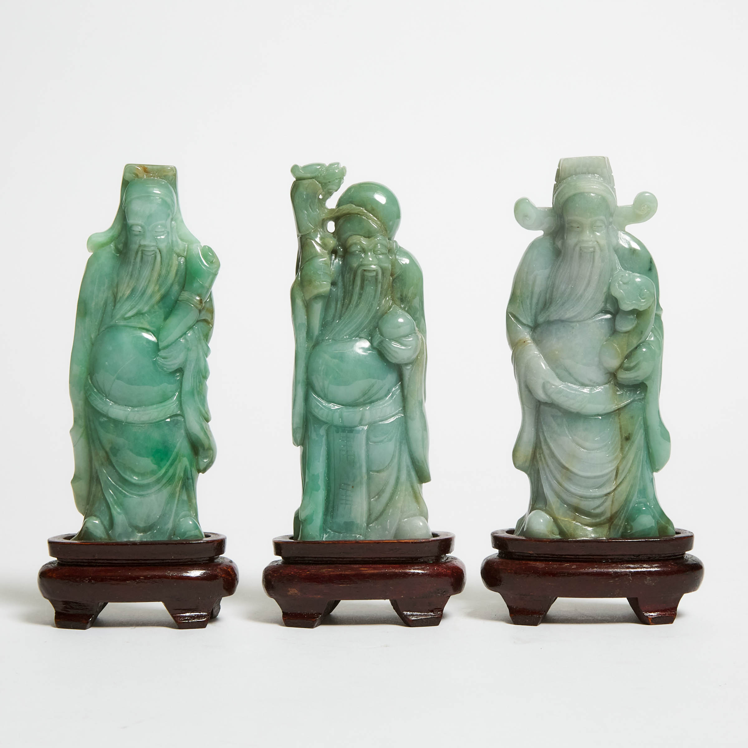 A Set of Three Jadeite Figures of Fu, Lu and Shou, 20th Century