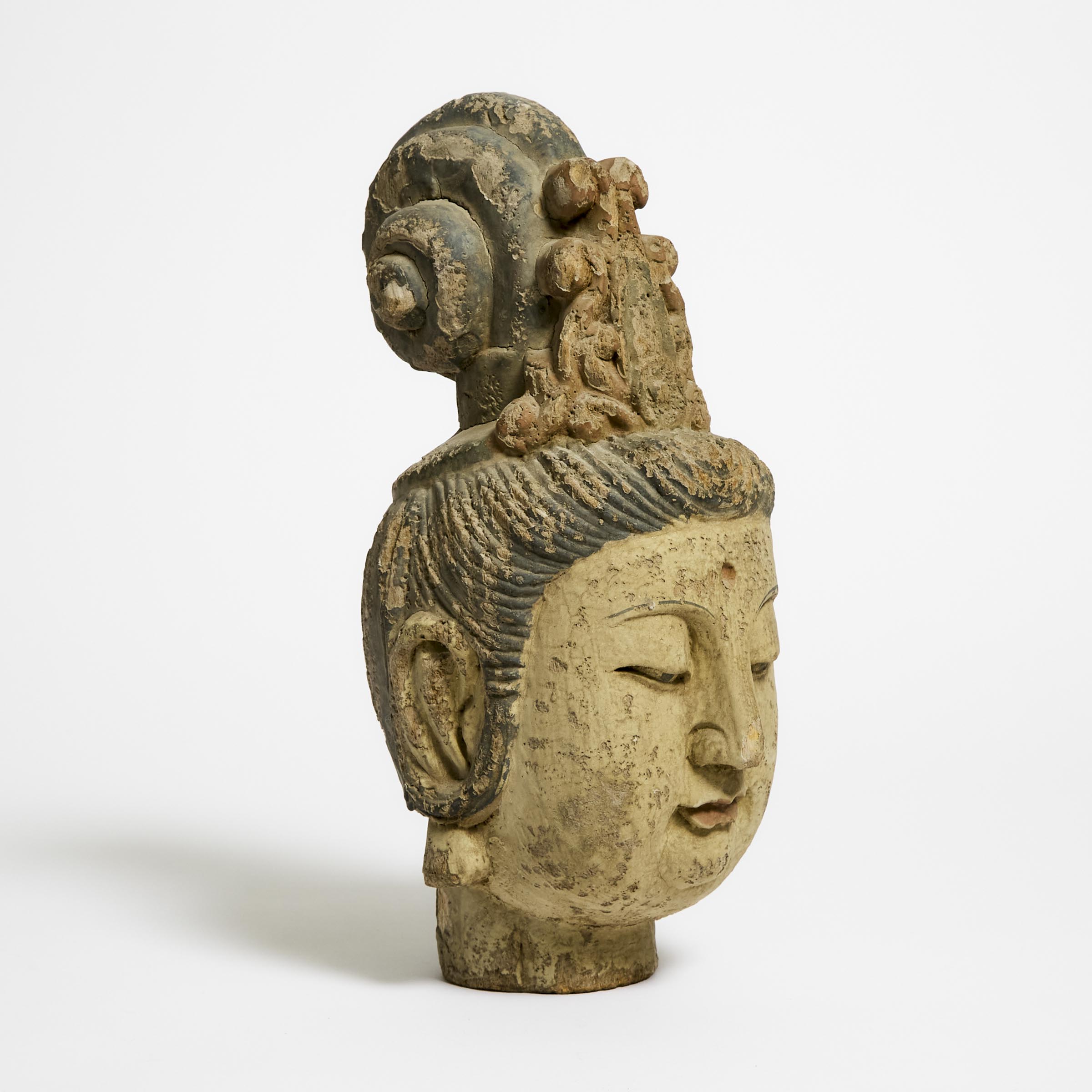 A Polychrome-Painted Wood and Stucco Head of Guanyin, Ming Dynasty or Later 
