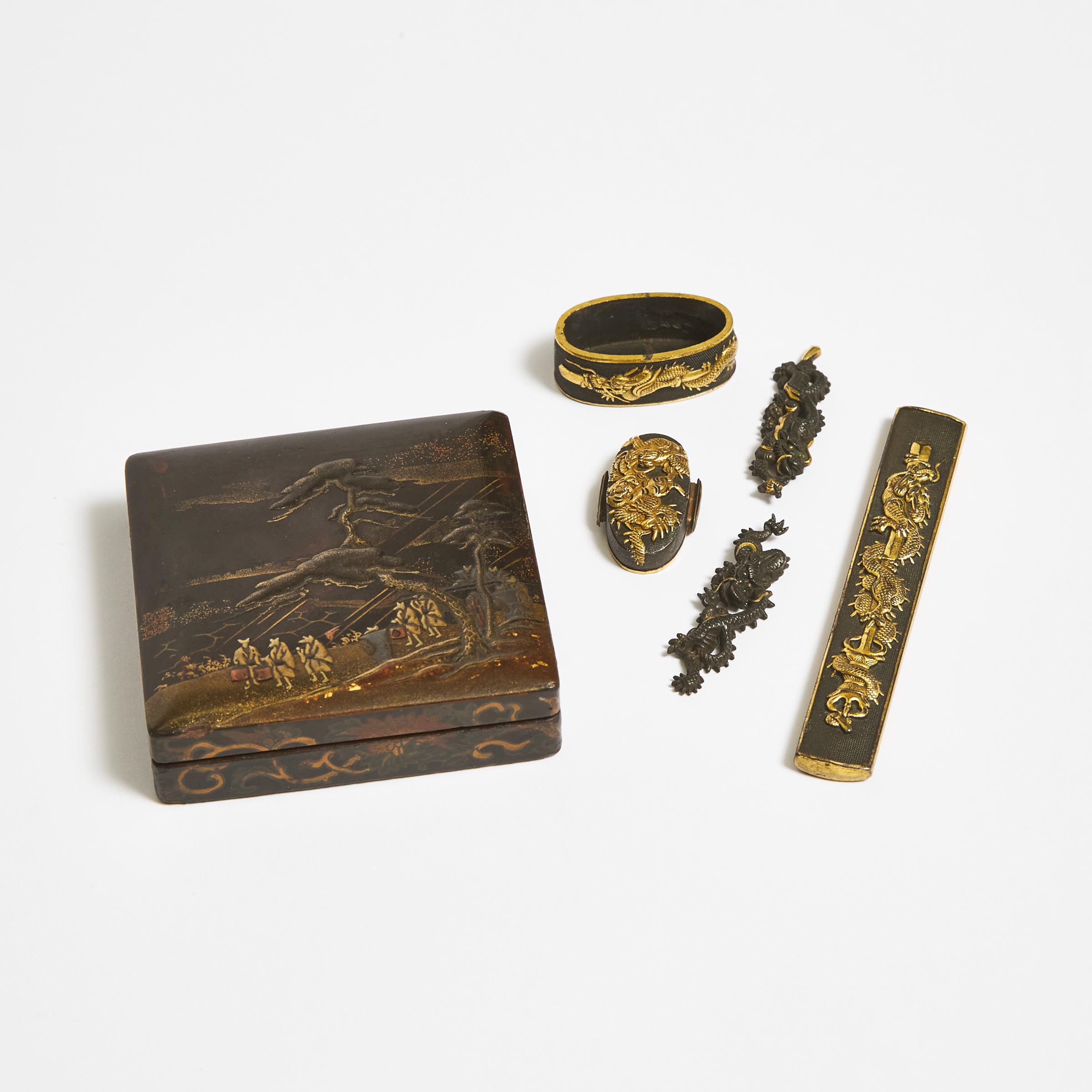 A Set of Five Parcel Gilt 'Dragon' Sword Fittings, Together With a Lacquer Box, 19th Century