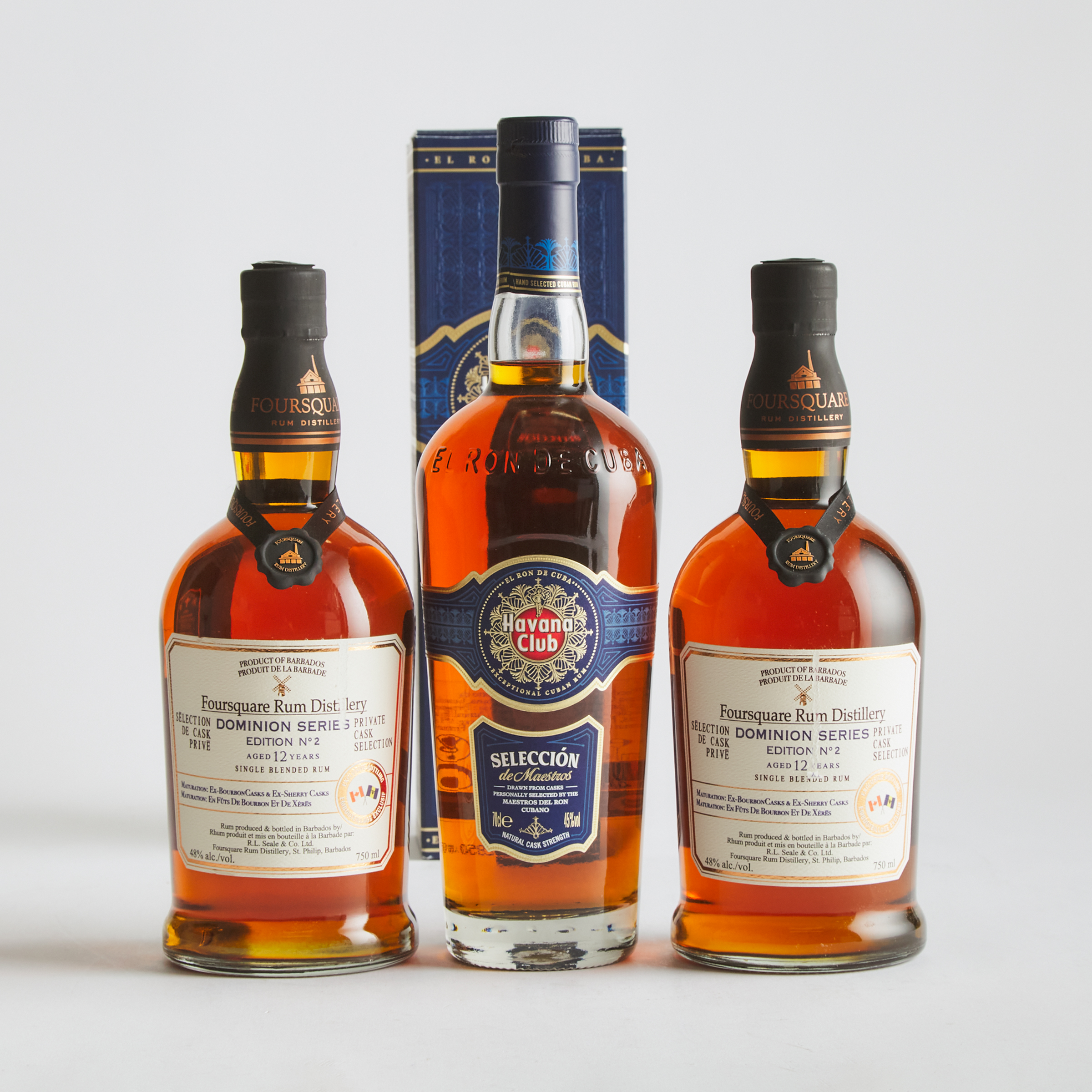 FOURSQUARE RUM 12 YEARS (TWO 750 ML)HAVANA CLUB SELECCION DE MAESTROS RUM (ONE 70 CL)