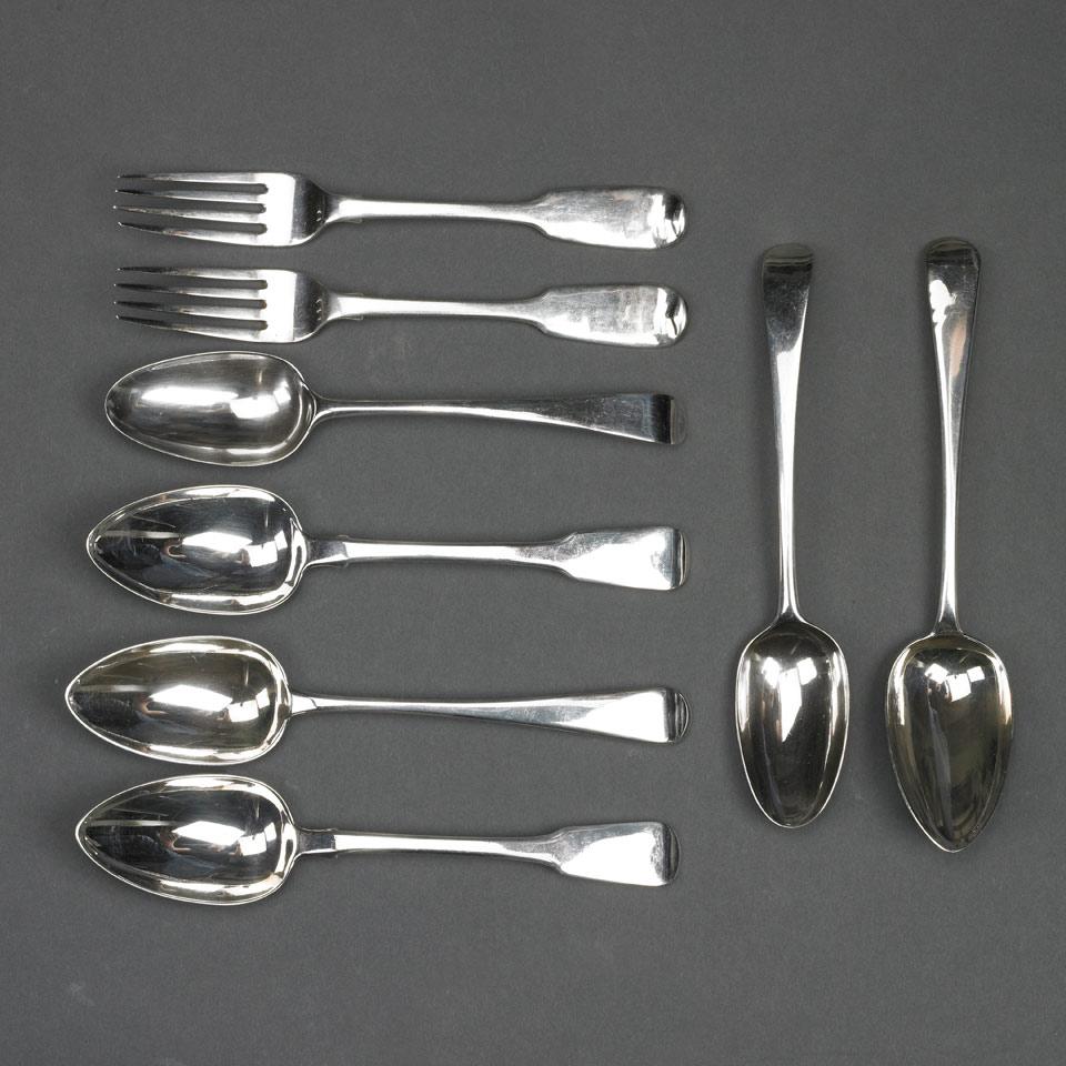Two Pairs of George III Silver Old English Pattern Table Spoons, John Scofield and Thomas Wallis, London,  1775 and 1806 respectively
together with a Pair of Fiddle Pattern Table Spoons, Solomon Hougham, 1814
and a Pair of Victorian Table Forks, William Eaton, 1843