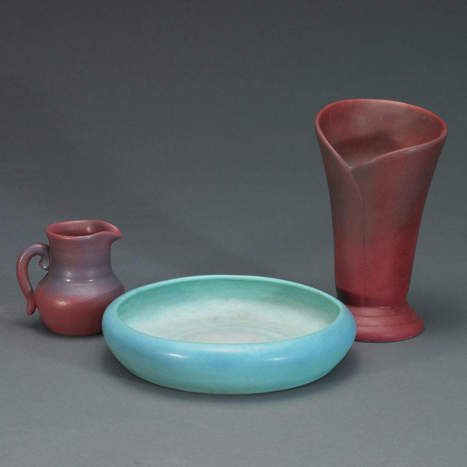 Van Briggle Turquoise Glazed Shallow Bowl, Maroon Vase and a Small Jug, early 20th century