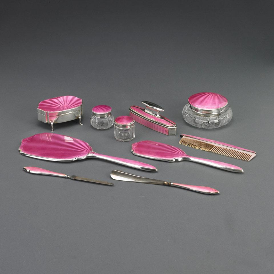 English Silver and Rose Guilloche Enamel Dressing Table Set, Charles S. Green & Co., Birmingham, 1924-34