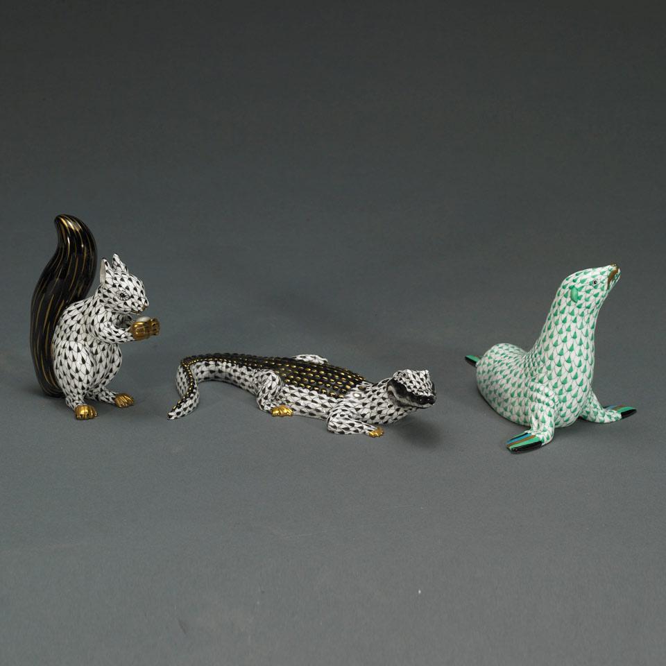 Three Herend Animal Figures: a Squirrel, Seal and a Crocodile, 20th century