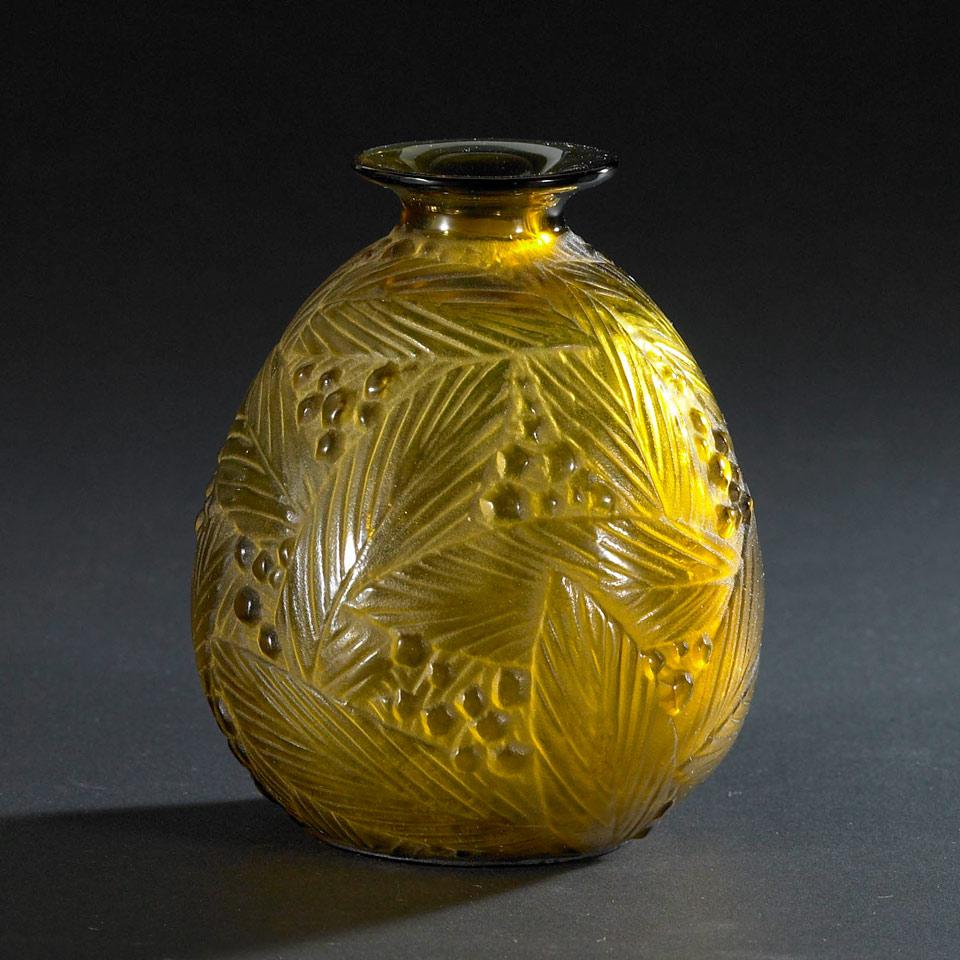 Sabino Moulded Amber Glass Vase, c.1930