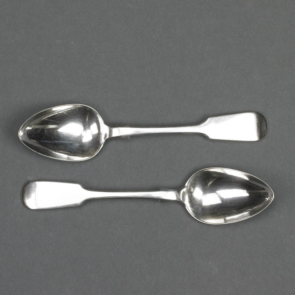 Pair of Canadian Silver Fiddle Pattern Dessert Spoons, George Savage, Montreal, Que., second quarter of the 19th century