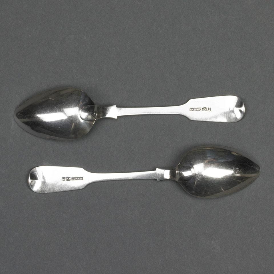 Pair of Canadian Silver Fiddle Pattern Dessert Spoons, George Savage, Montreal, Que., second quarter of the 19th century