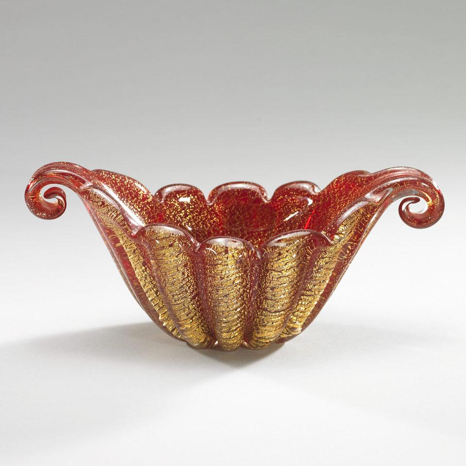 Barovier & Toso Red Cordonato Oro Glass Vase, c.1950