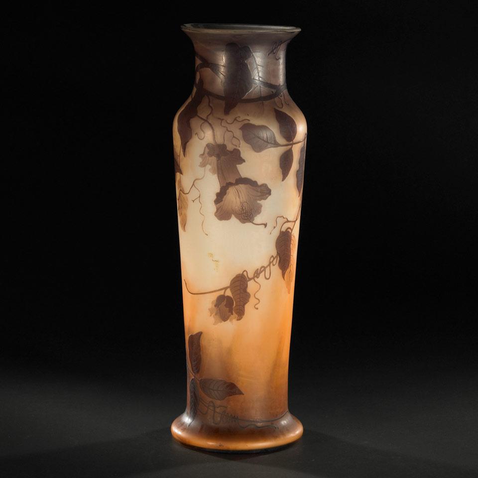 Muller Frères Trumpet Vine Enameled Cameo Glass Large Vase, early 20th century
