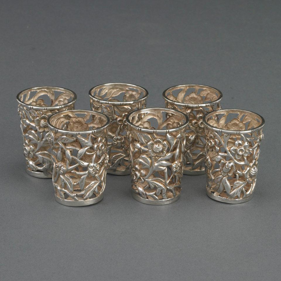 Six Chinese Silver Liqueur Glass Frames, Yeching, Tientsin, early 20th century