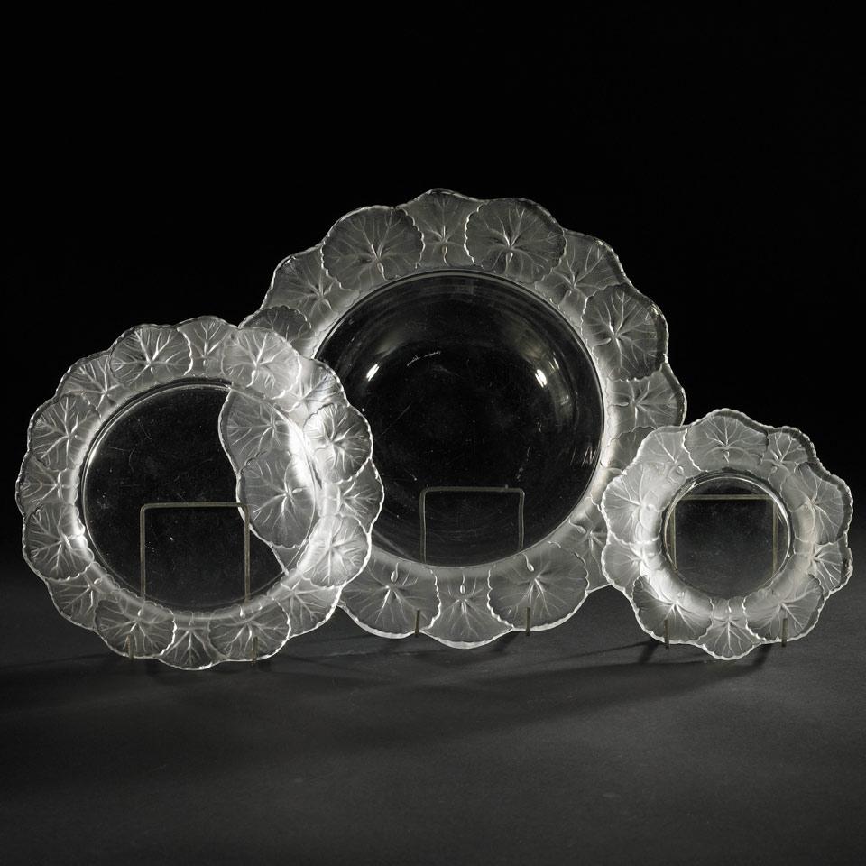 ‘Honfleur’, Lalique Moulded and Partly Frosted Glass Bowl, Plate and Wine Coaster, post-1945