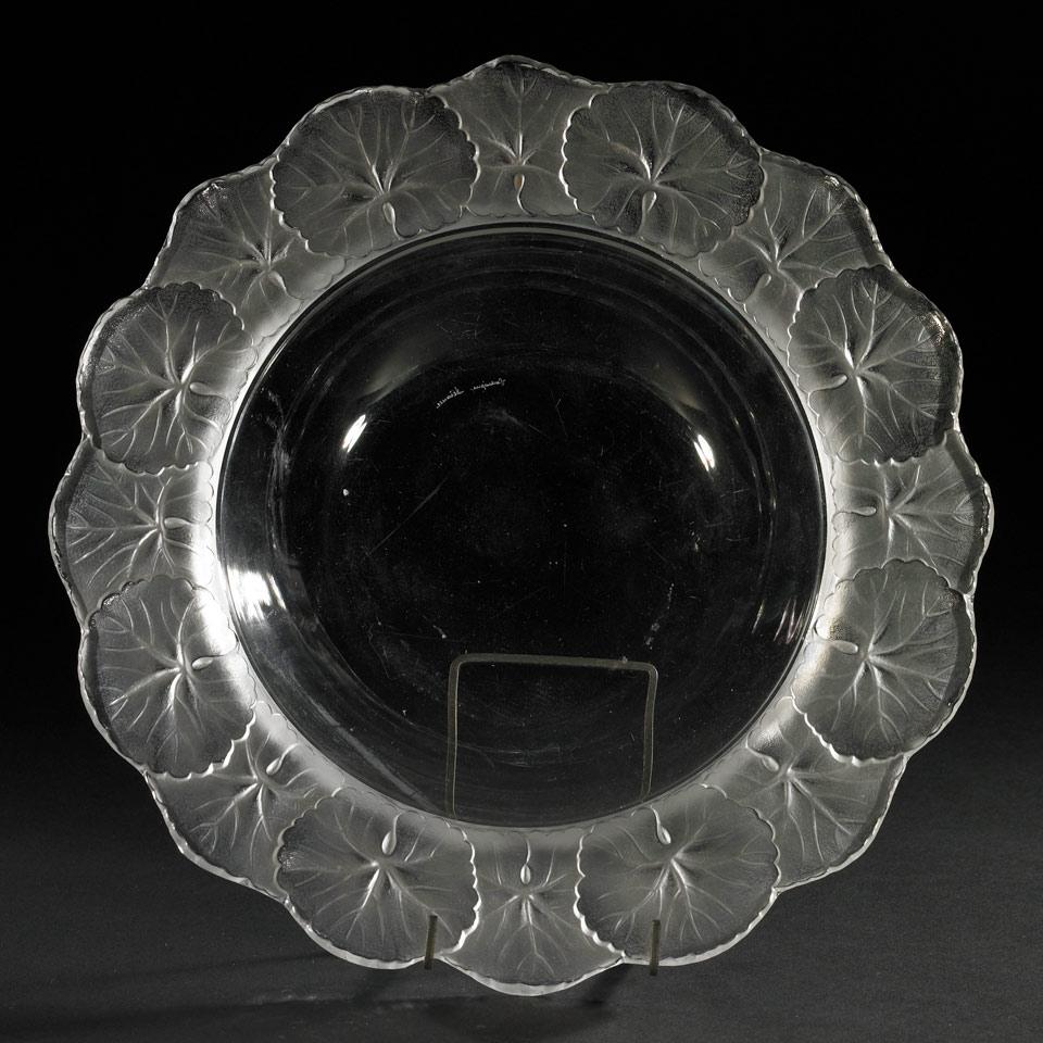 ‘Honfleur’, Lalique Moulded and Partly Frosted Glass Bowl, Plate and Wine Coaster, post-1945