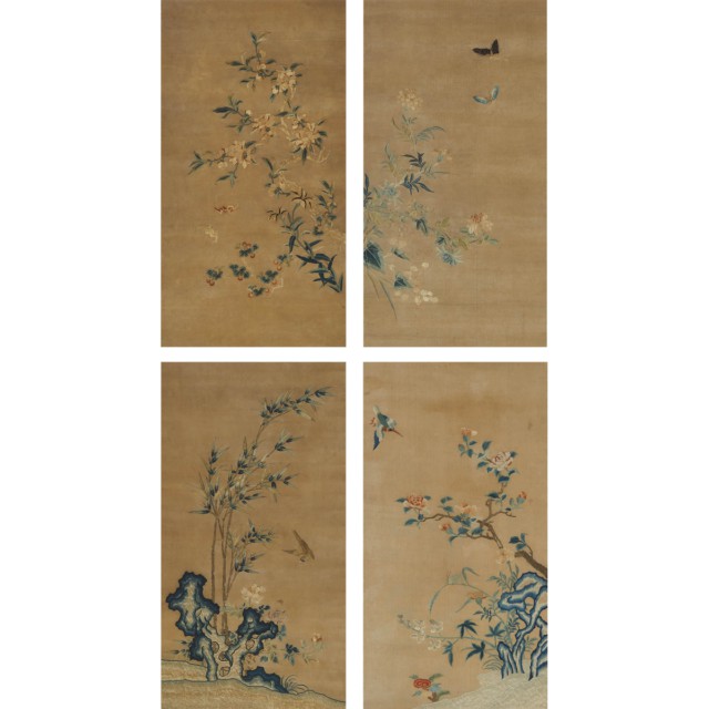 A Set of Four ‘Gu-Family’ Embroidered Satin and Pearlwork ‘Four Gentlemen’ Silk Panels, 18th Century