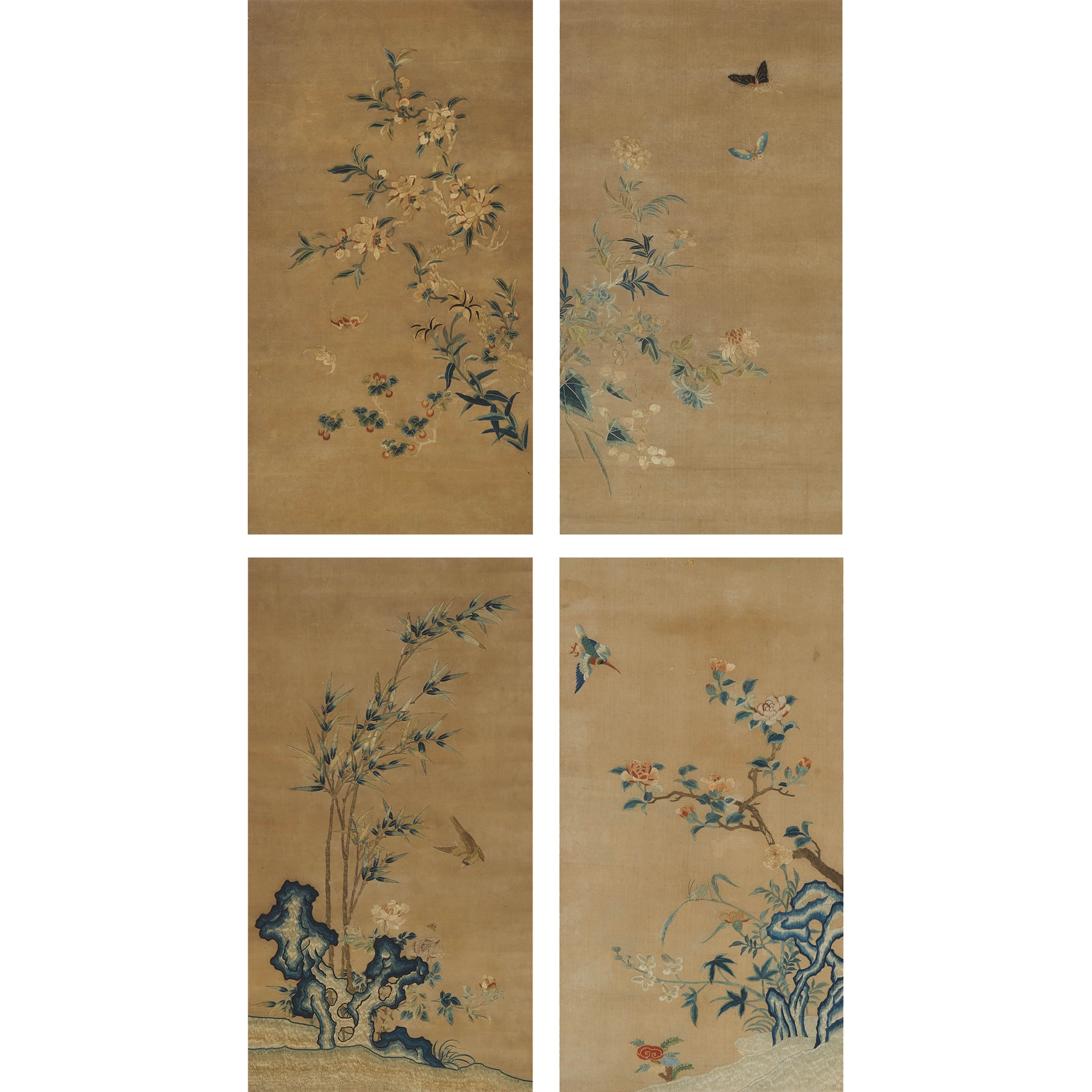 A Set of Four 'Gu-Family' Embroidered Satin and Pearlwork 'Four Gentlemen' Silk Panels, 18th Century