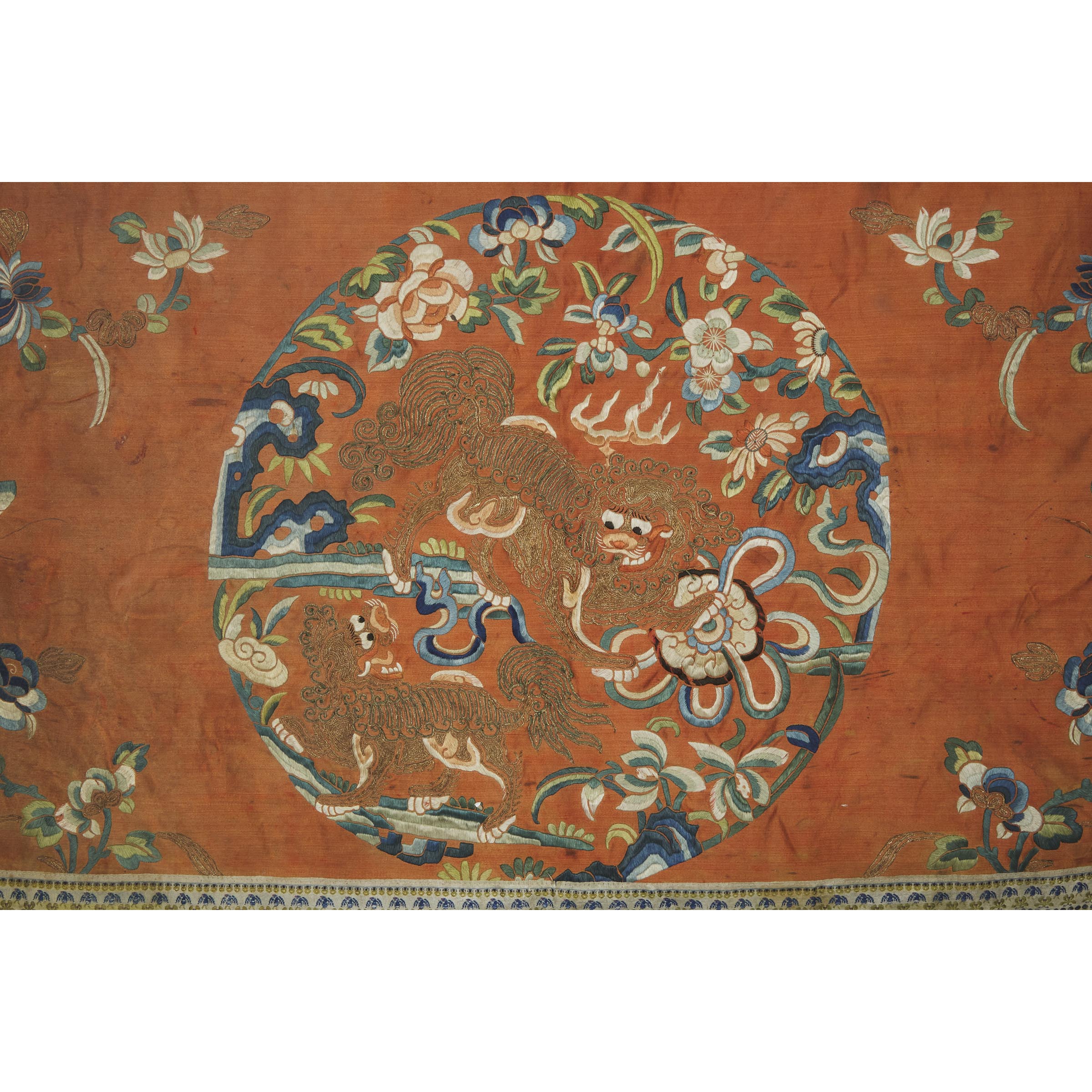 A Gold-Thread Embroidered Silk 'Buddhist Lions' Panel, 19th Century