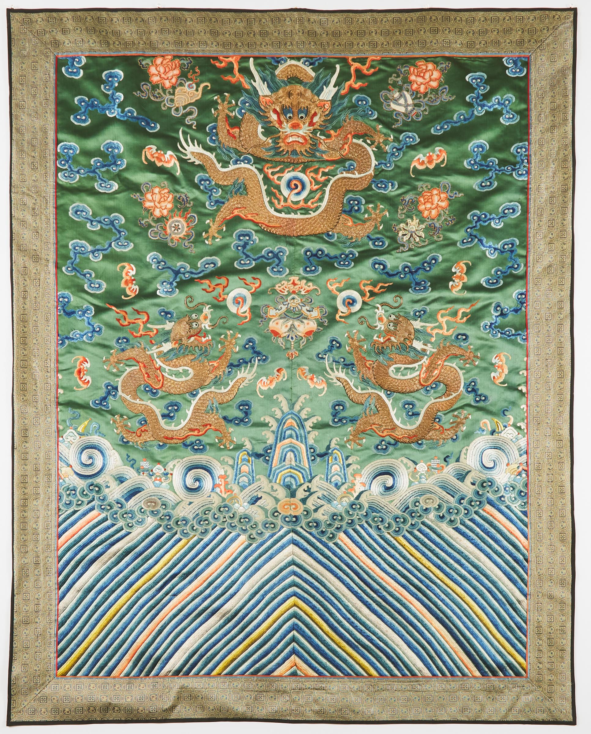 A Green-Ground Embroidered Silk Dragon Robe Panel, 19th Century
