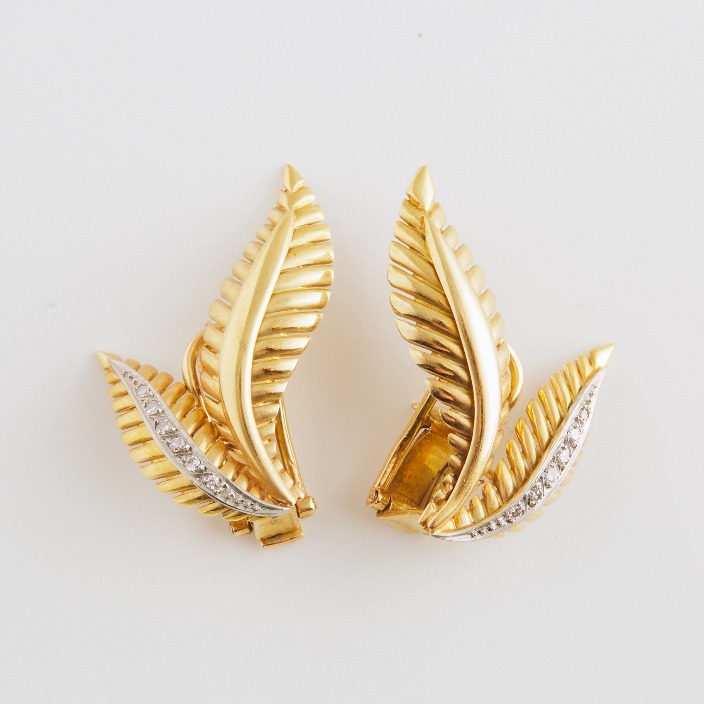 Pair Of 18k Yellow And White Gold Foliate Earrings