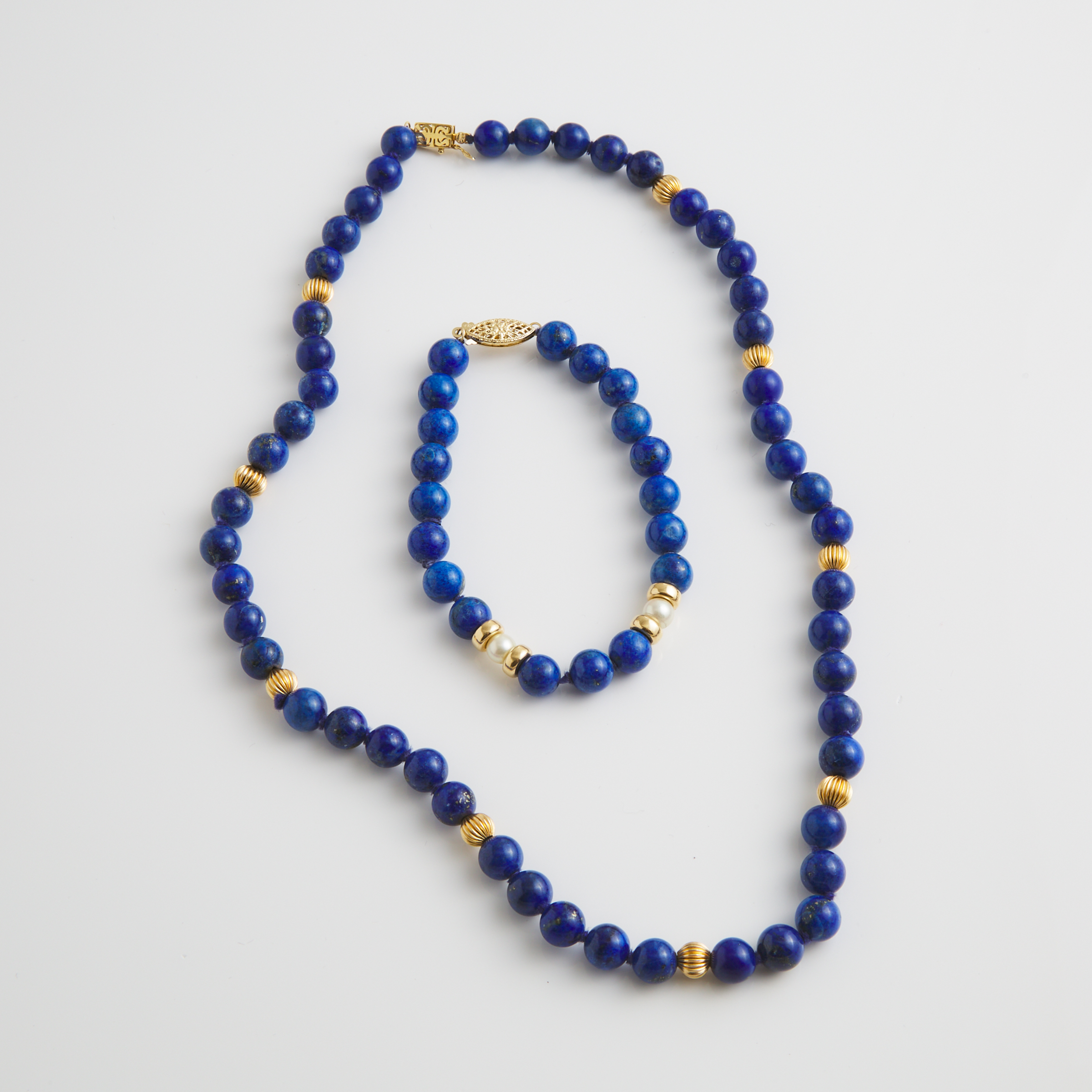 14k Yellow Gold And Lapis Bead Necklace & Bracelet