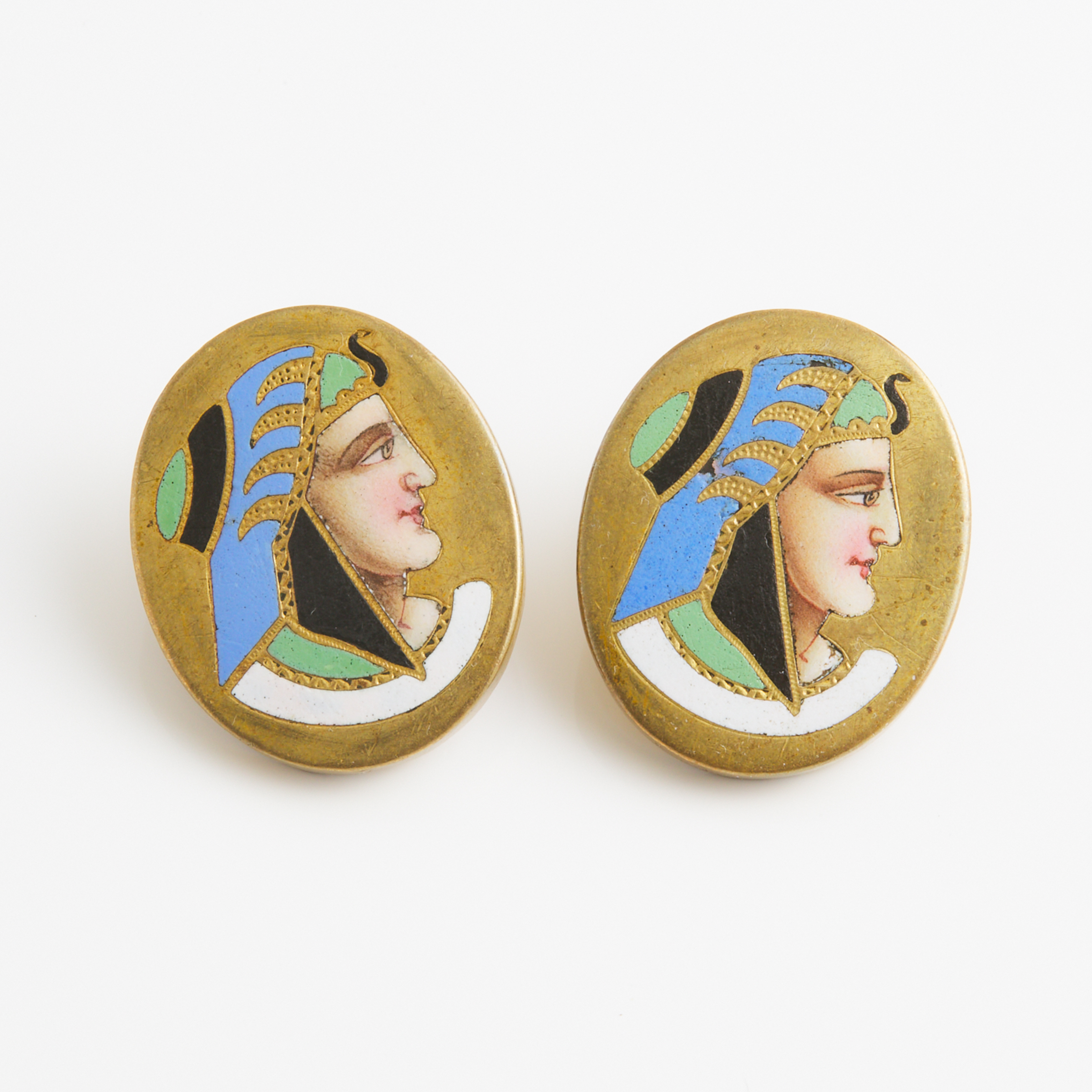 Pair Of Oval Brass And Enamel Lapel Studs