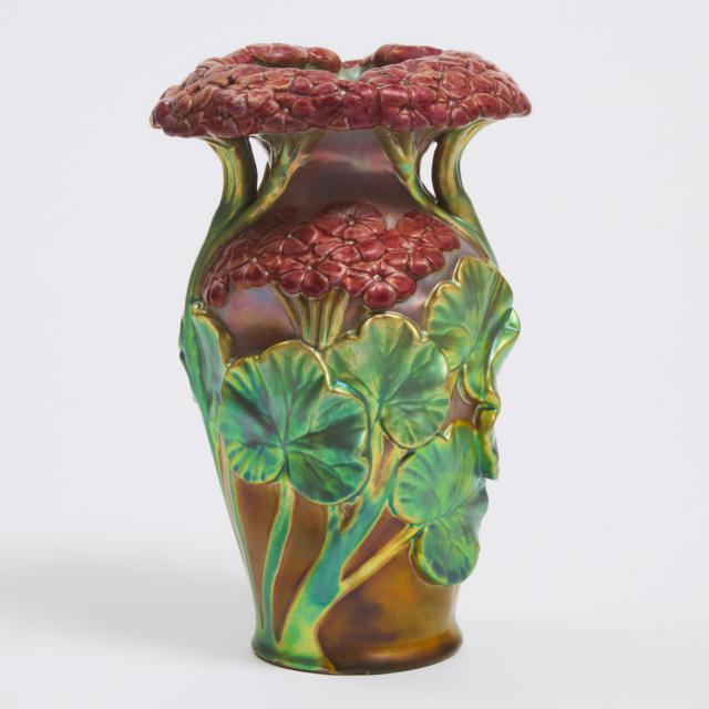 Zsolnay Iridescent Red and Green Glazed Geranium Vase, c.1900