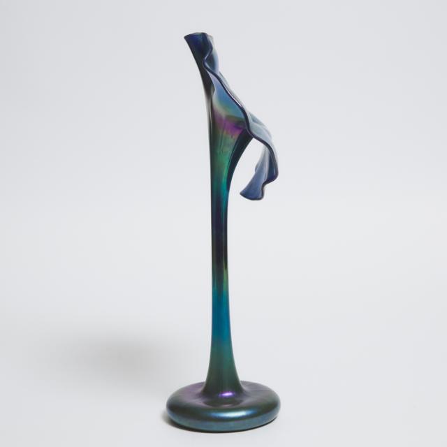 James Lundberg (American, 1948-1992) Iridescent Blue Glass Jack-in-the-Pulpit Vase, Lundberg Studios, 1989