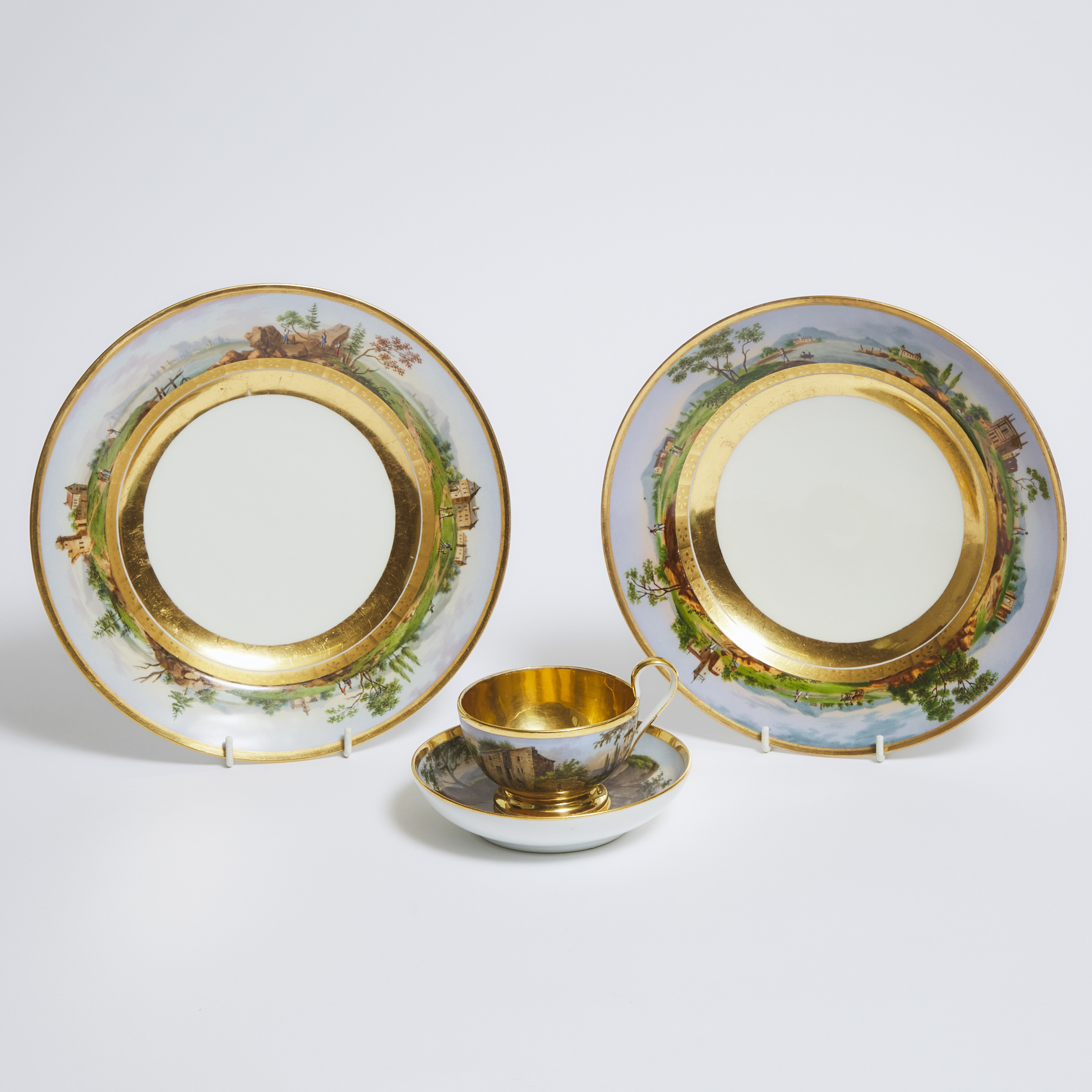 Pair of Vienna Plates and a Schoelcher Paris Porcelain Cup and Saucer, 19th century