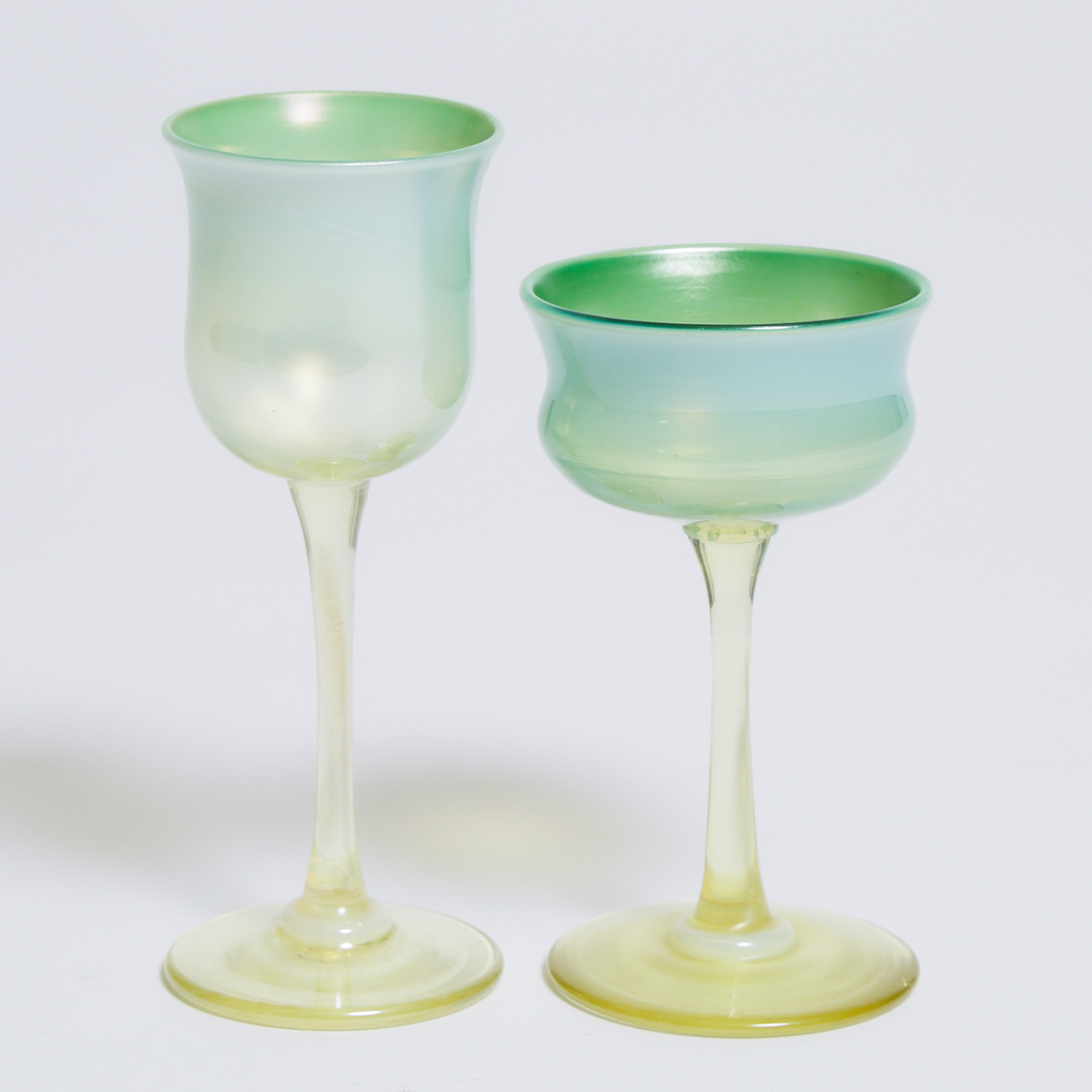 Two Tiffany 'Favrile' Pastel Wine Glasses, early 20th century 