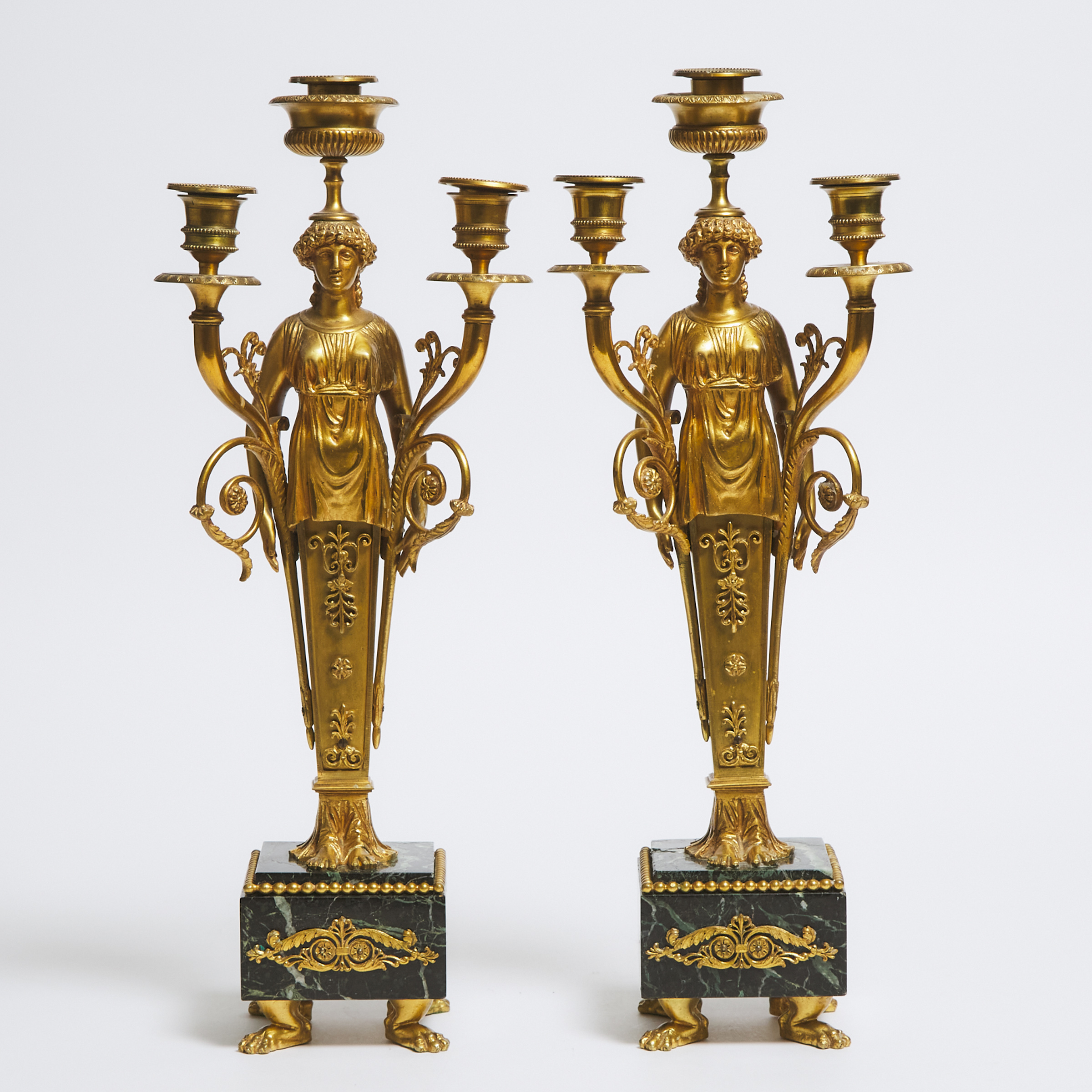 Pair of French Empire Style Gilt Bronze Figural Candelabra, early-mid 20th century