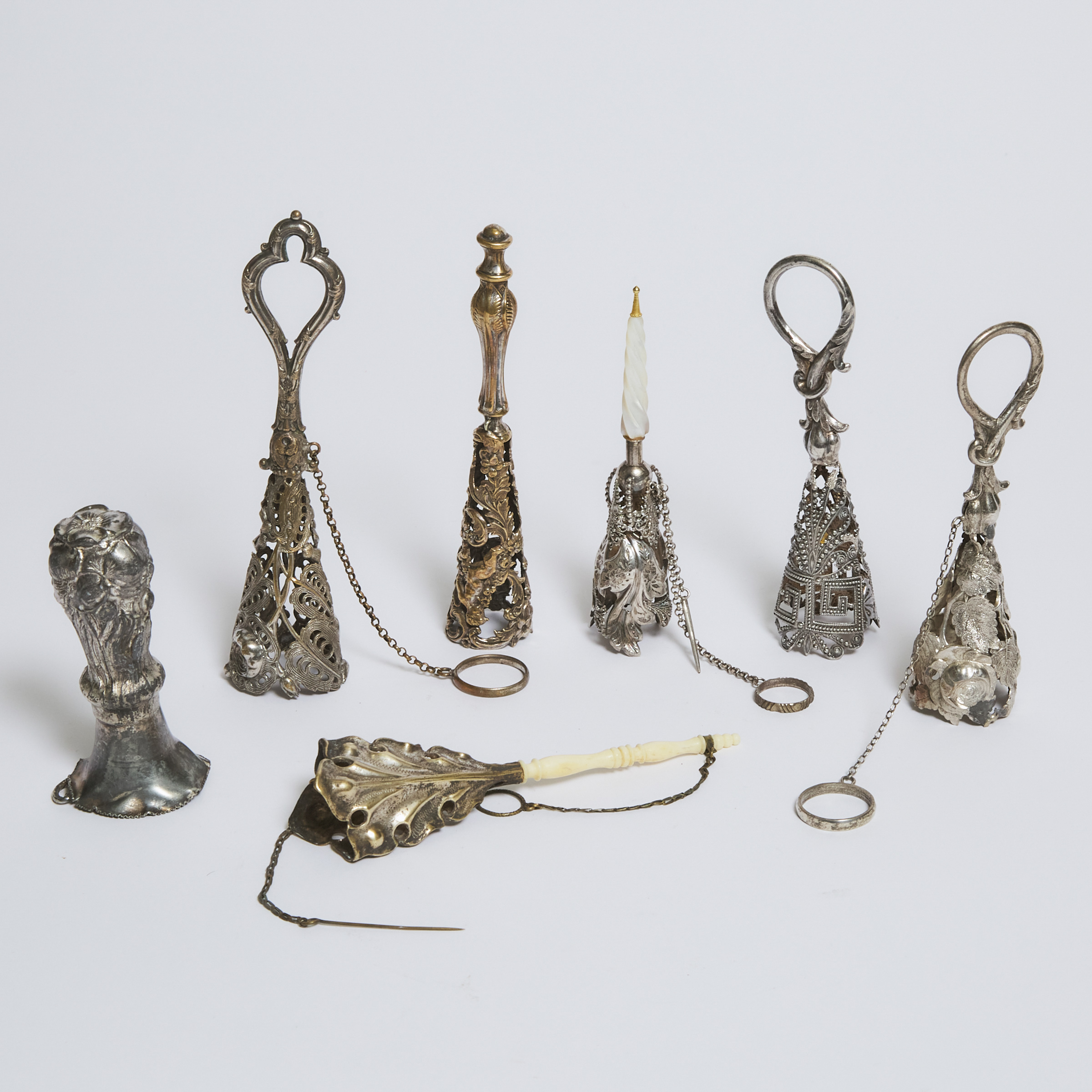 Seven Victorian Silver or Silvered Metal Posy Holders, 19th century