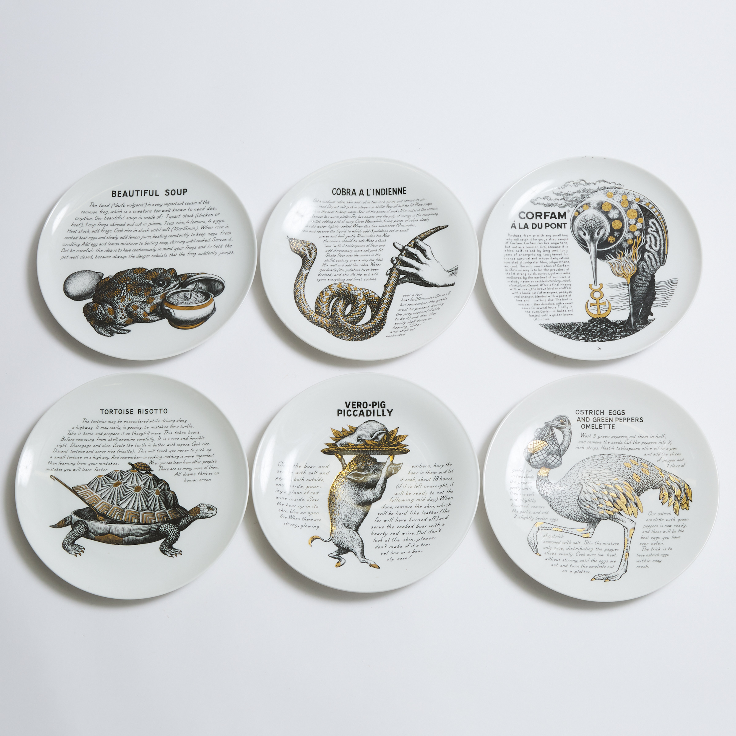 Six Piero Fornasetti 'Cook Plates', for Fleming Joffe, c.1960