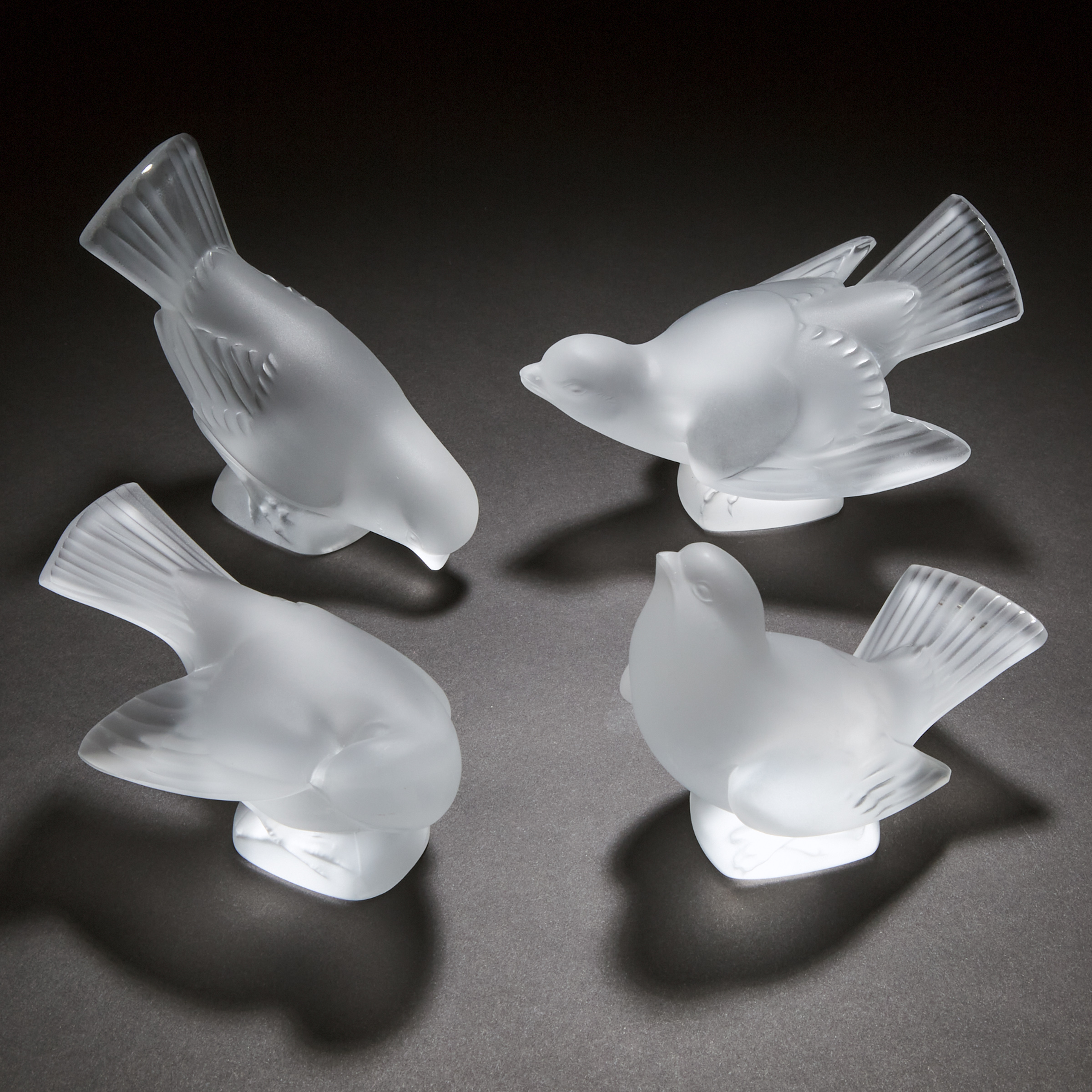'Moineaux' Four Lalique Moulded and Frosted Glass Birds, post-1945
