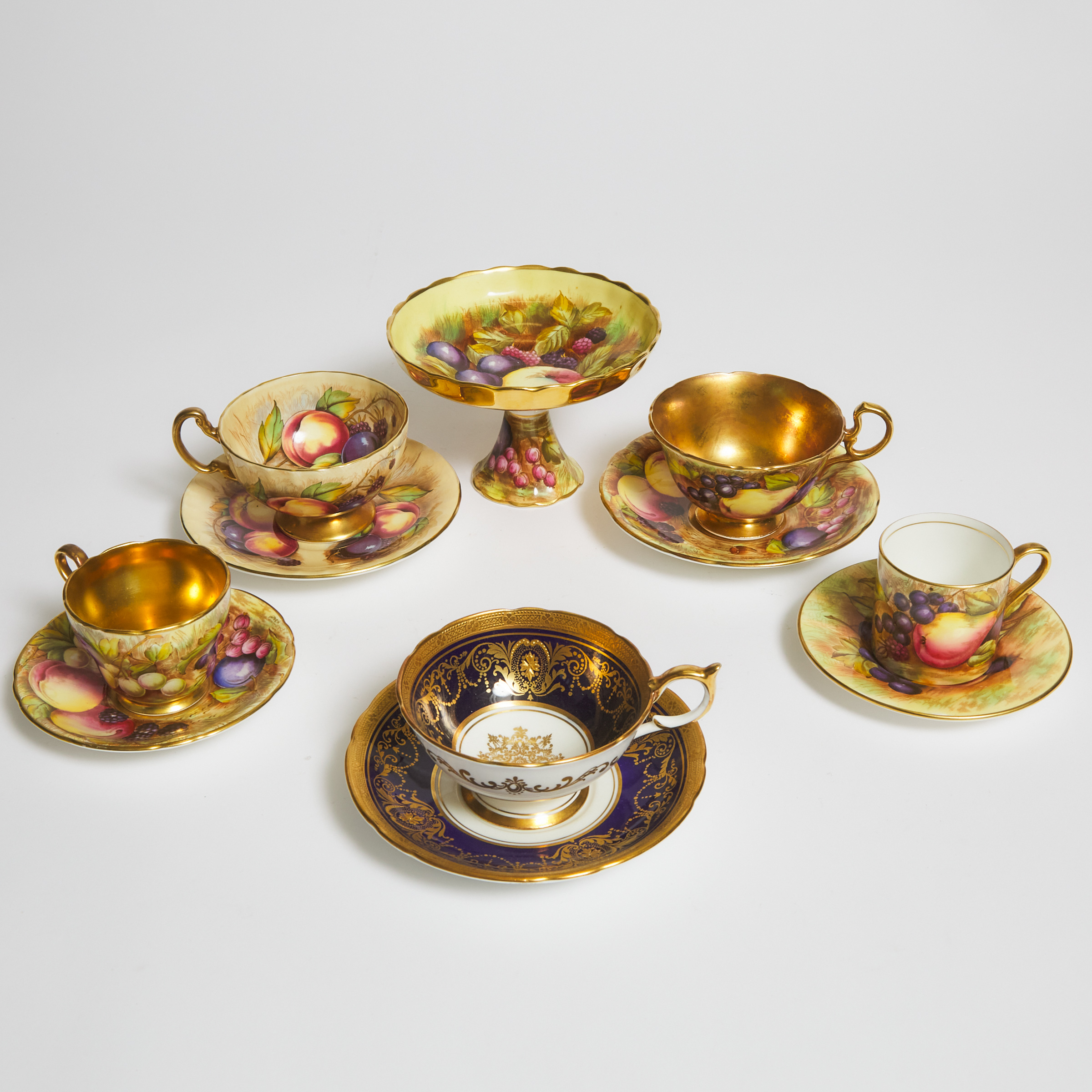 Five Aynsley Cups and Saucers and a Small Comport, 20th century