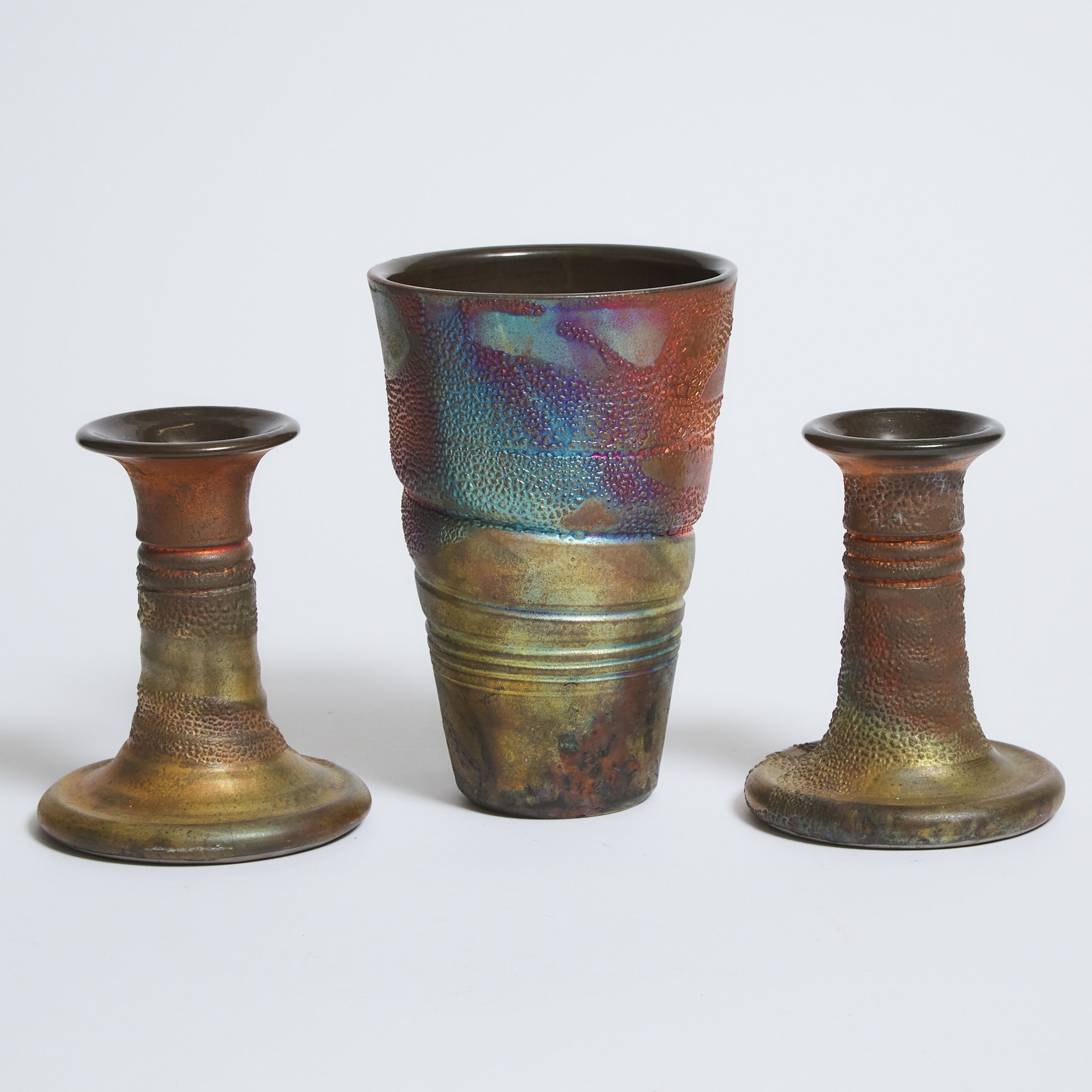 Peter Powning, R.C.A. (American/Canadian, b.1949), Raku Fired Vase and a Pair of Candlesticks, 1994