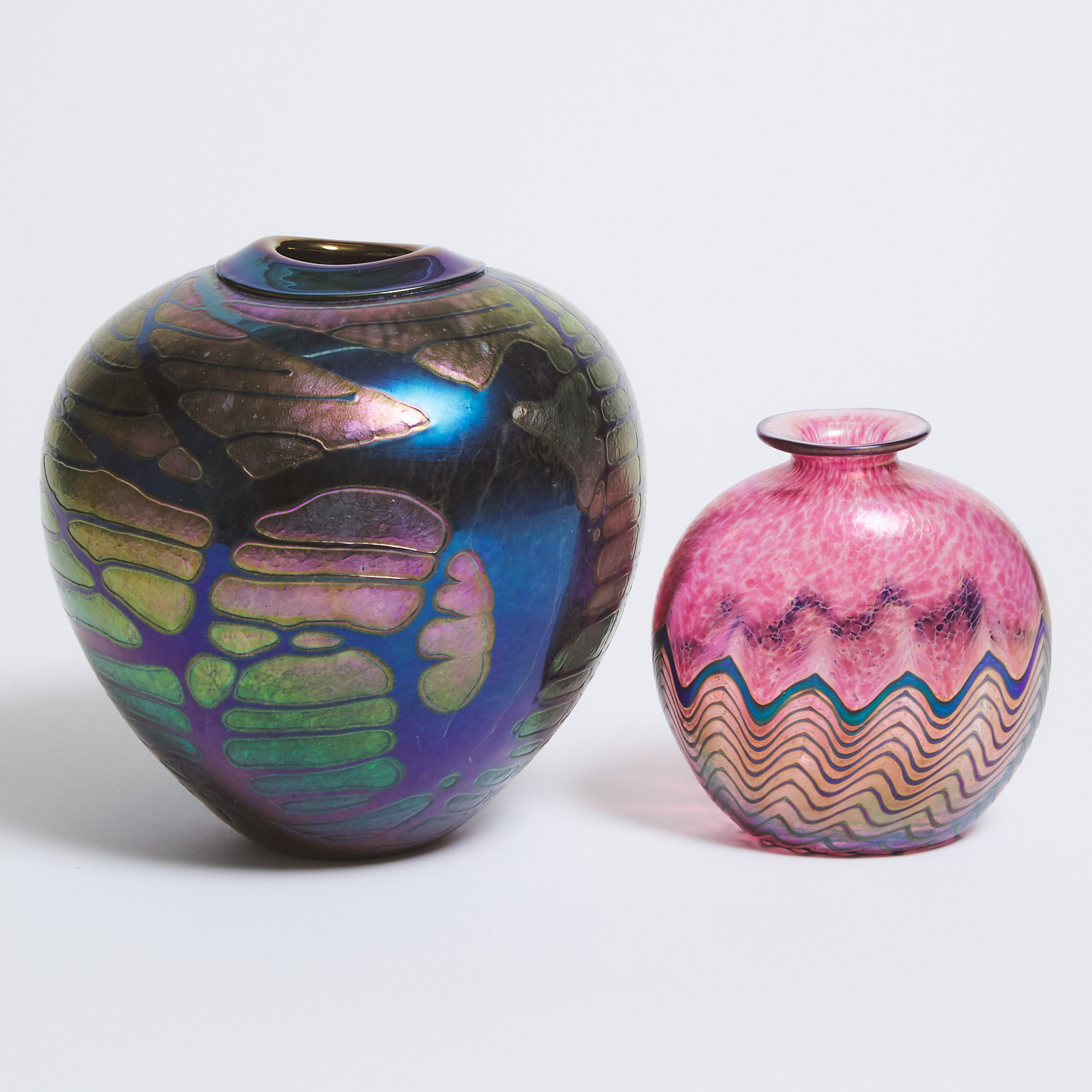Two Iridescent Glass Vases, Robert Held and another, c.2000