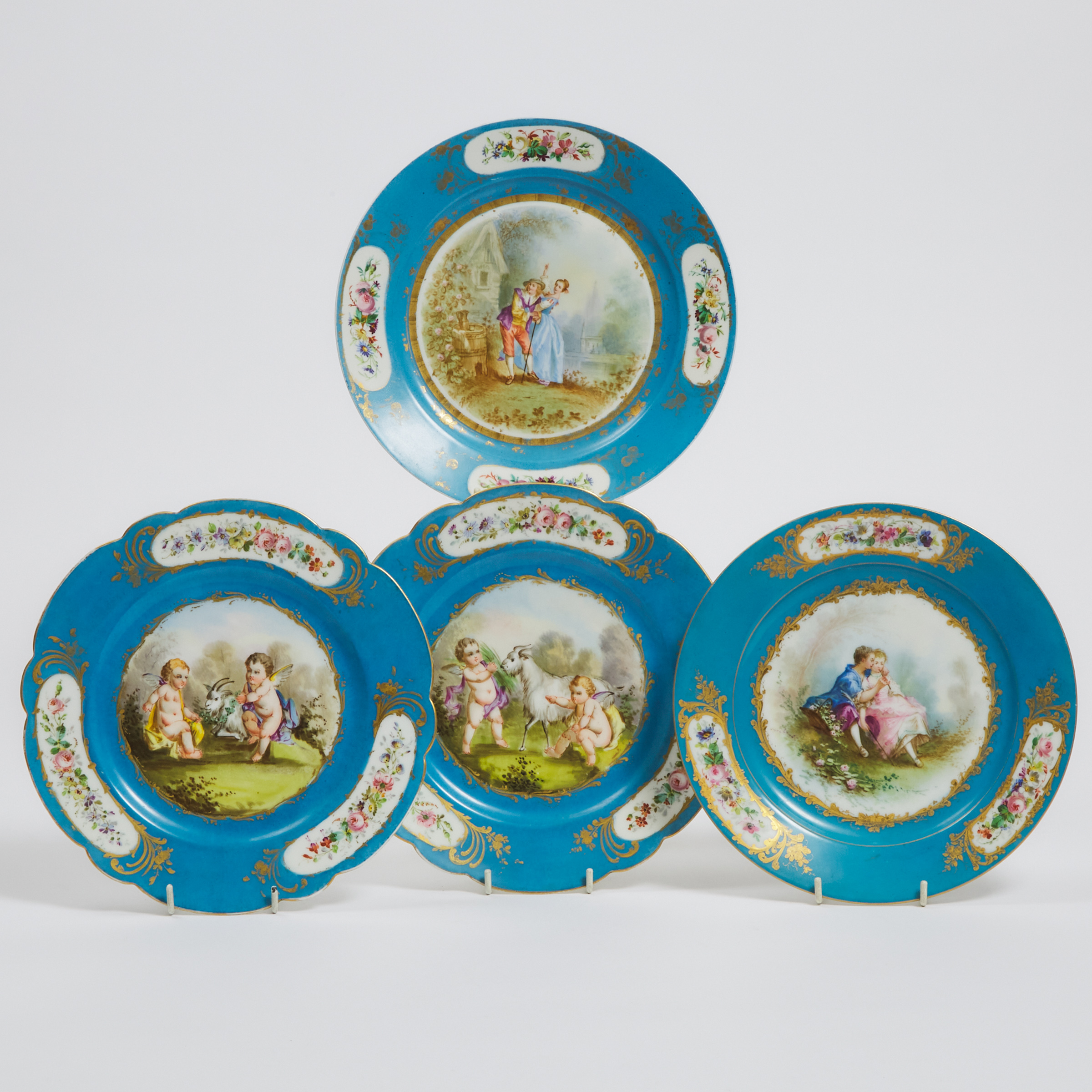 Four 'Sèvres' Bleu Céleste Ground Cabinet Plates, late 19th century