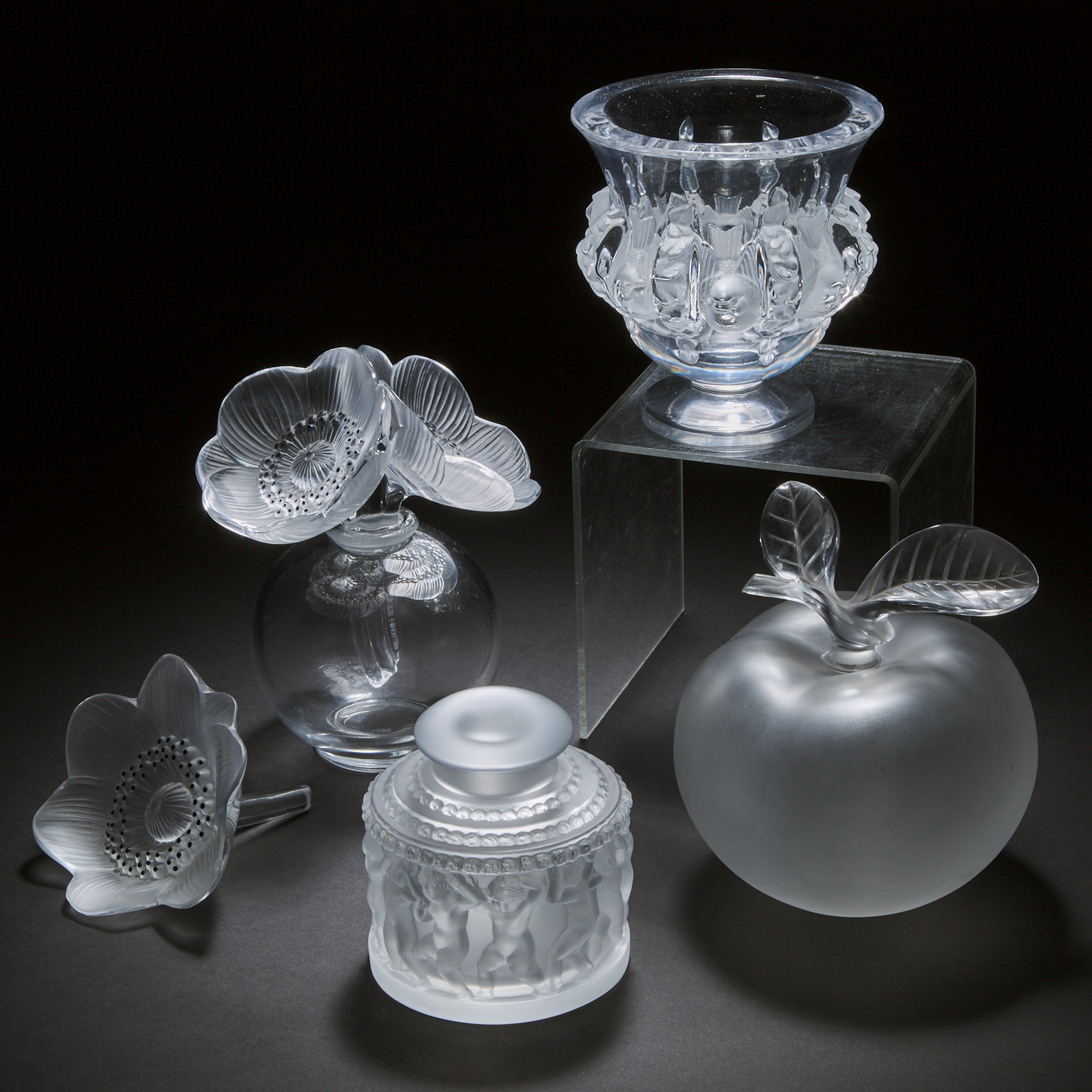 Group of Lalique Moulded and Frosted Glass Articles, 20th century