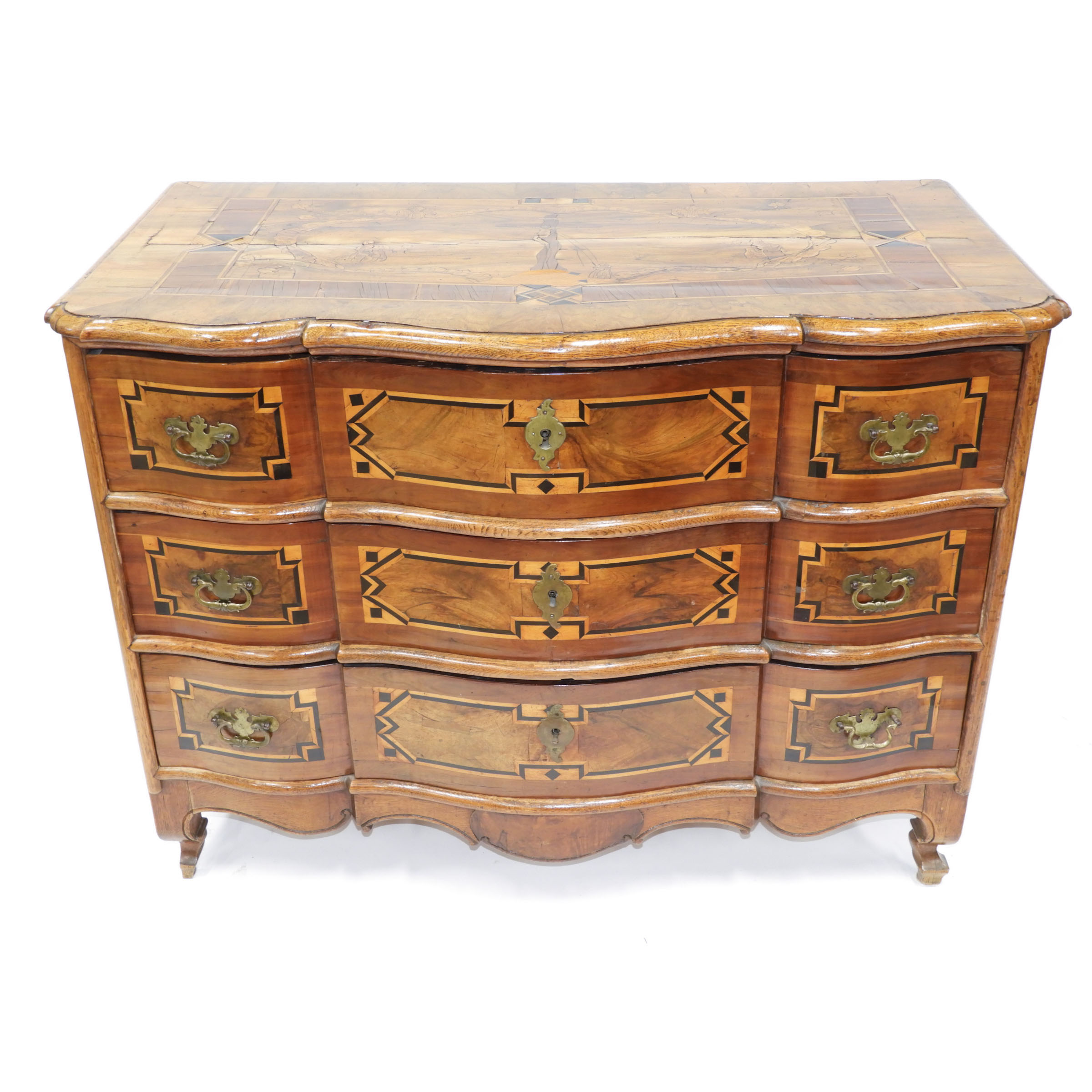 German Serpentine Front Mixed Wood Inlaid Chest of Drawers, 18th century