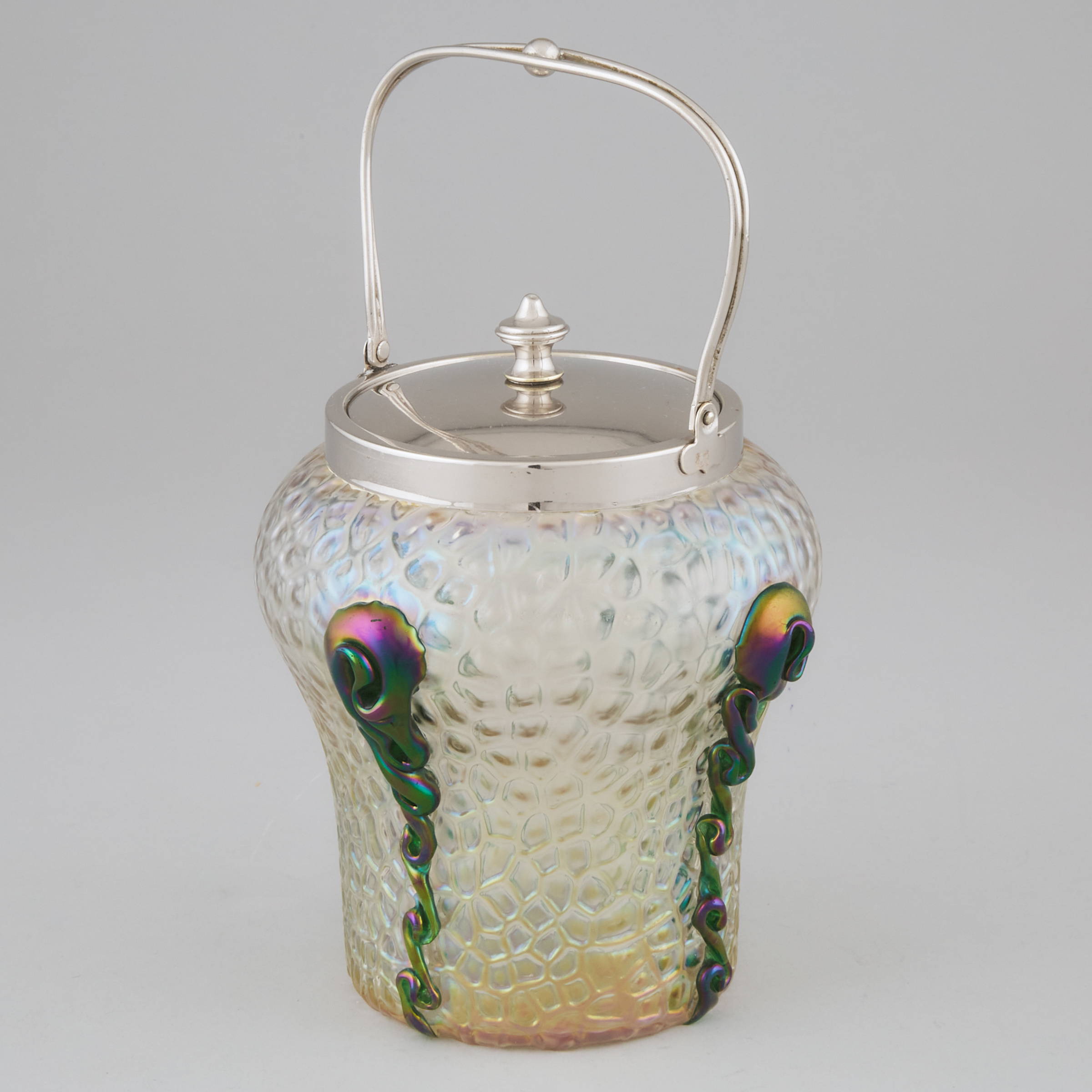 Austrian Iridescent Glass Biscuit Barrel, probably Kralik, c.1900