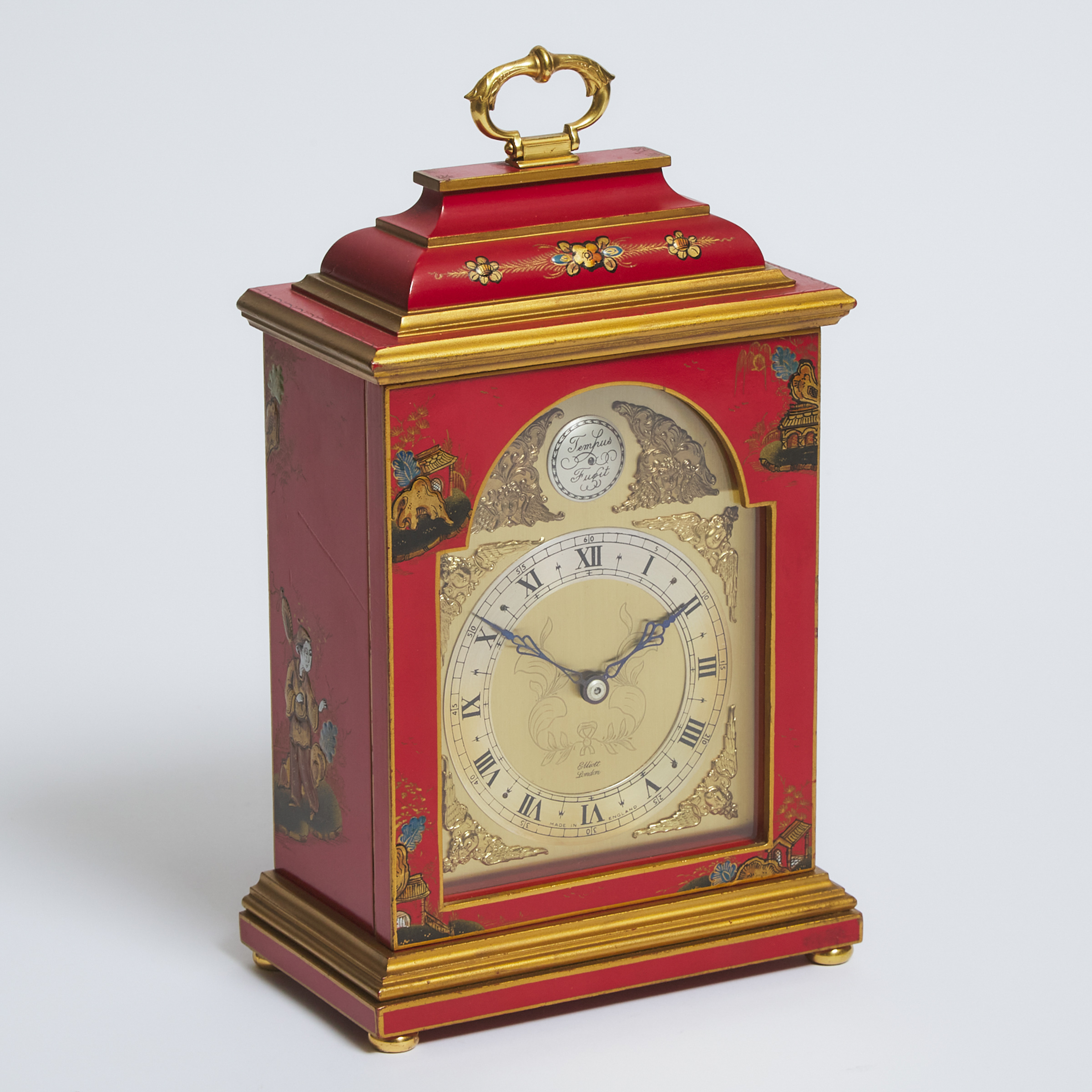 Small English Red Japanned Bracket Clock, Elliot of London, 20th century